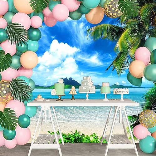 Miniatura 8 de Foto temática de playa de verano, océano hawaiano, cielo azul, playa, palmeras tropicales, Luau, decoración de fiesta de cumpleaños, 82 x 60 pulgadas