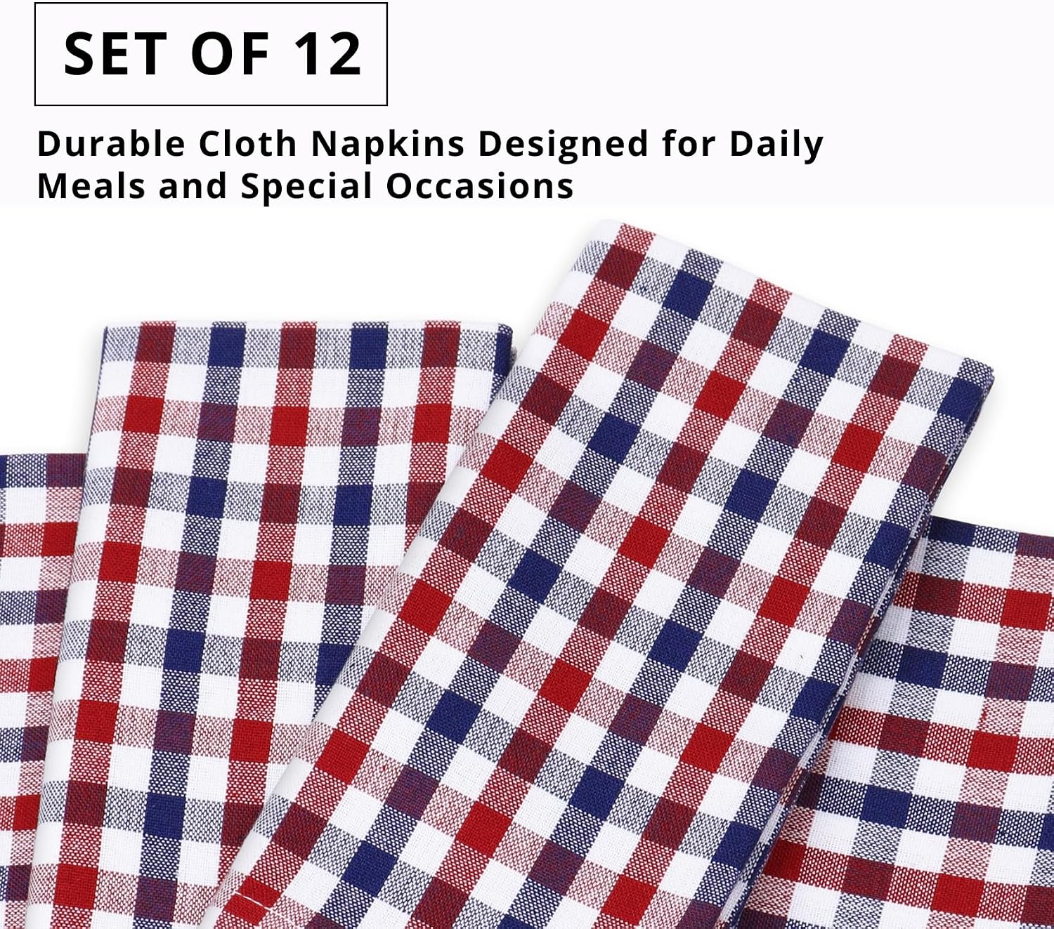 PurpleEssences 4th of July Mini Gingham Check Dinner Cloth Napkin - Spring Easter Summer - Mitered Corners - 18x18 Inch - Set of 12-100% Cotton - Reusable Washable - Red Blue White