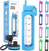 Vista 16 de FIT Strong & Healthy 32 oz Glass Water Bottle with Straw Lid - Wide Mouth Borosilicate Glass Water Bottles with Time Marker, Silicone Sleeve & Extra