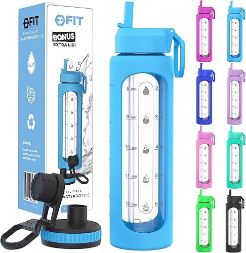 FIT Strong & Healthy 32 oz Glass Water Bottle with Straw Lid - Wide Mouth Borosilicate Glass Water Bottles with Time Marker, Silicone Sleeve & Extra