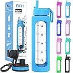 FIT Strong & Healthy 32 oz Glass Water Bottle with Straw Lid - Wide Mouth Borosilicate Glass Water Bottles with Time Marker, Silicone Sleeve & Extra Lid - 1L Large Motivational Drinking Bottle (Blue)