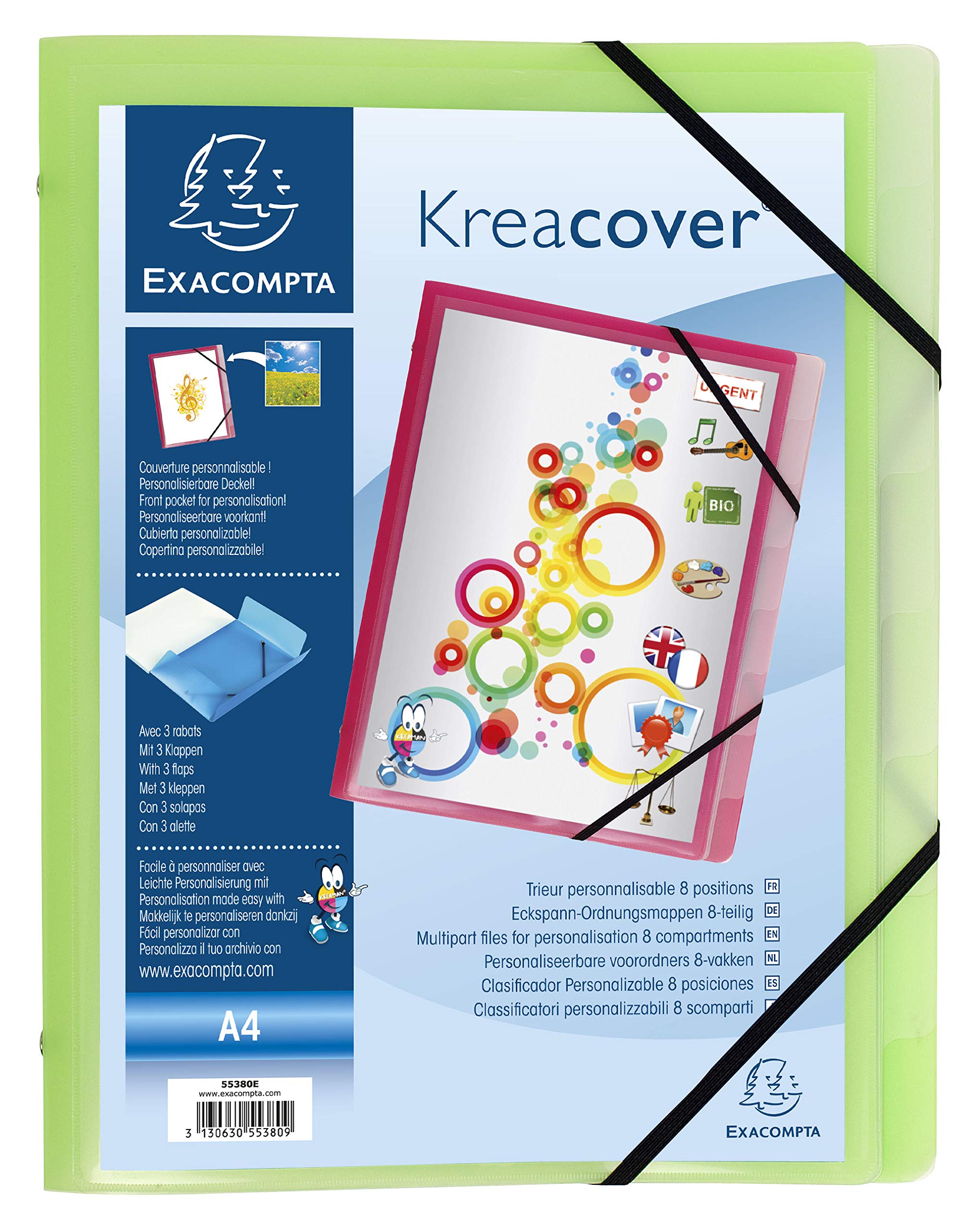 Exacompta 55380E 10er Pack Premium Ordnungsmappe Kreacover. Aus stabilem Kunststoff DIN A4 8 Fächer mit 2 Gummizügen und 3 Klappen Register-Mappe Eckanner-Mappe 1 Stück Zufallsfarbe