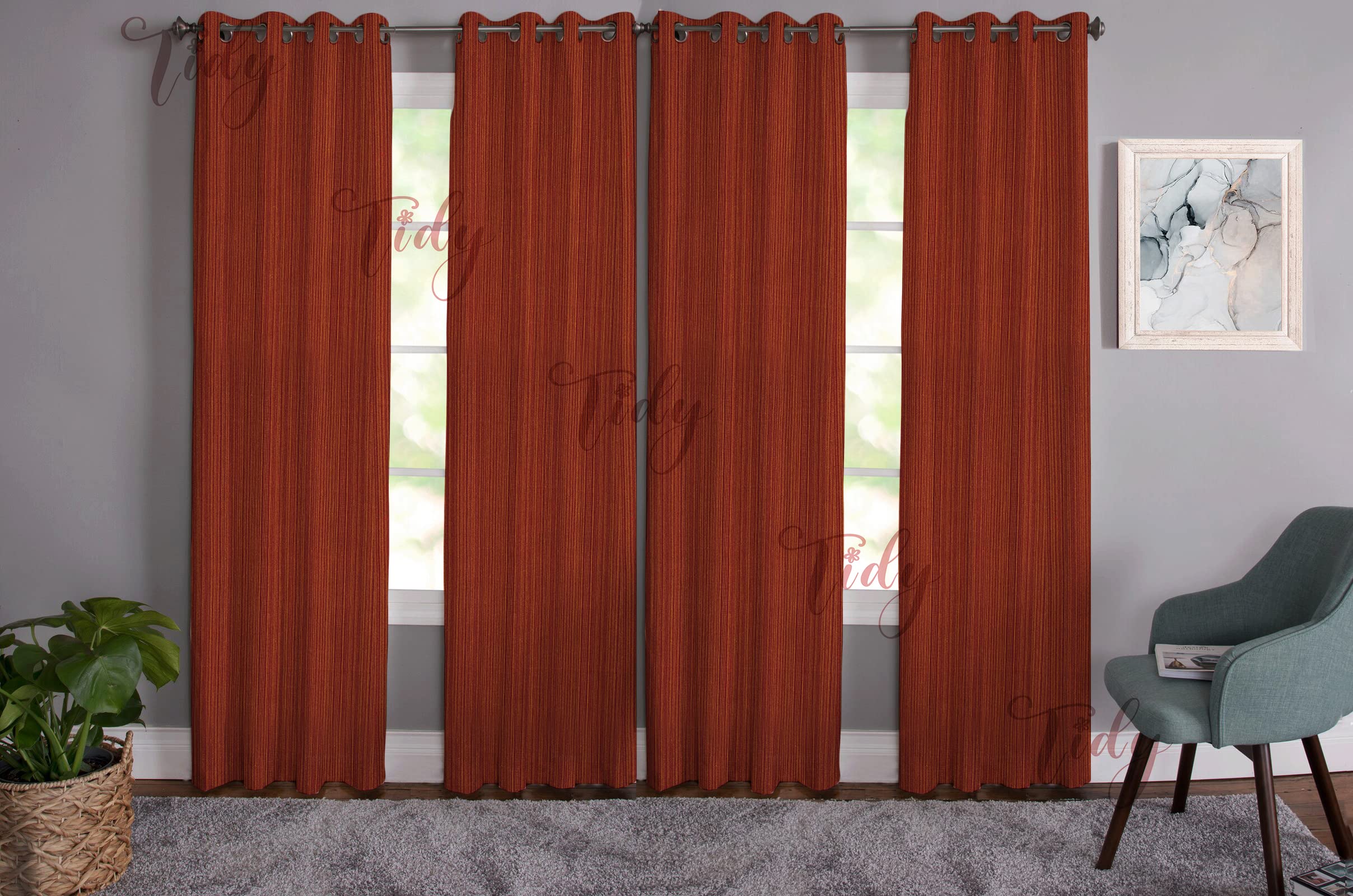 Brown Color Cotton Fabric Door Curtain - Pack of 4 Pieces (7 Feet x 4 Feet, Eyelet, Stripes)