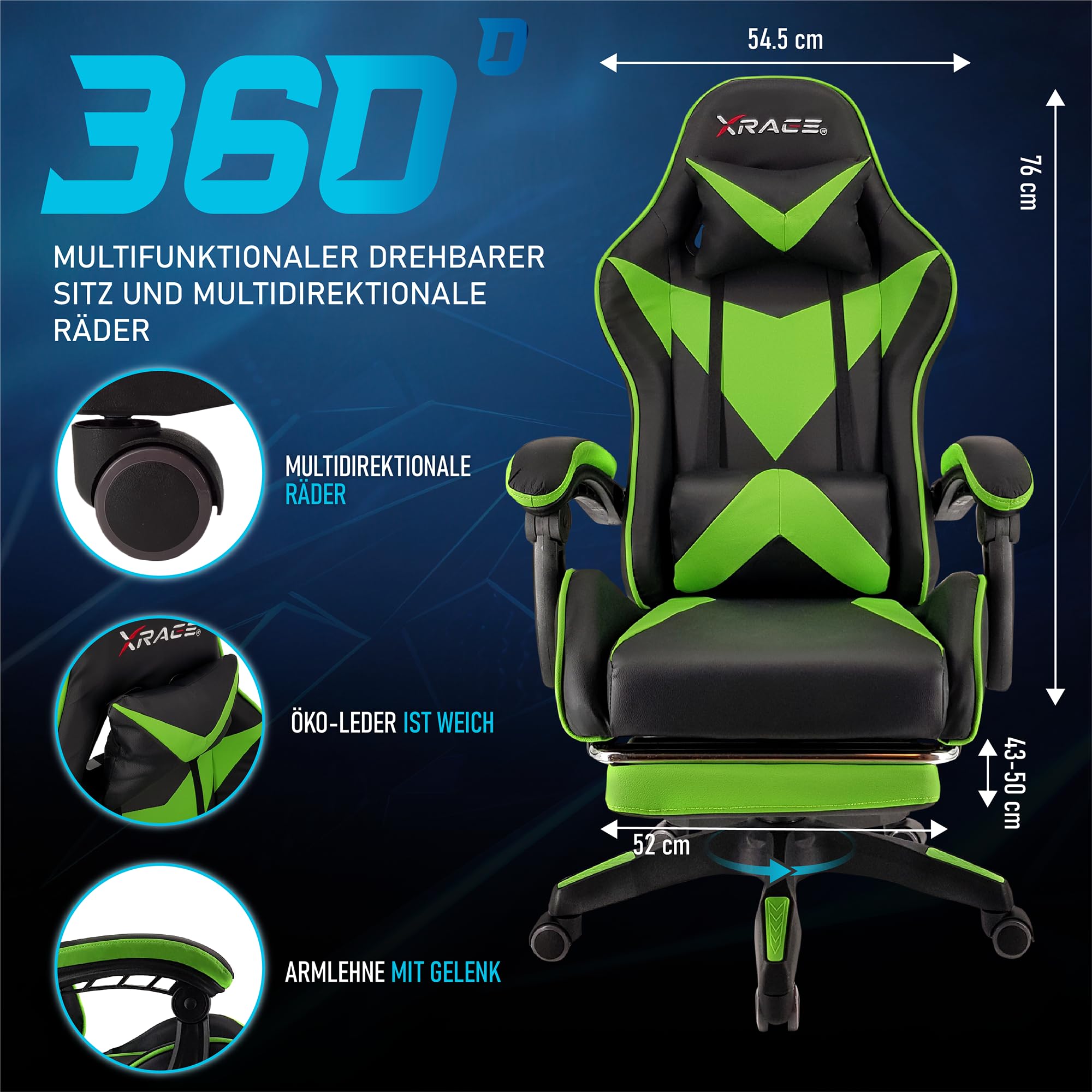 xRace Gaming Stuhl, ergonomischer Bürostuhl, PU-Leder, Lendenstütze Grün | Ergonomischer PC Stuhl mit Kopfstütze, Lendenkissen und pflegeleichtem Kunstlederbezug, höhenverstellbar und drehbar