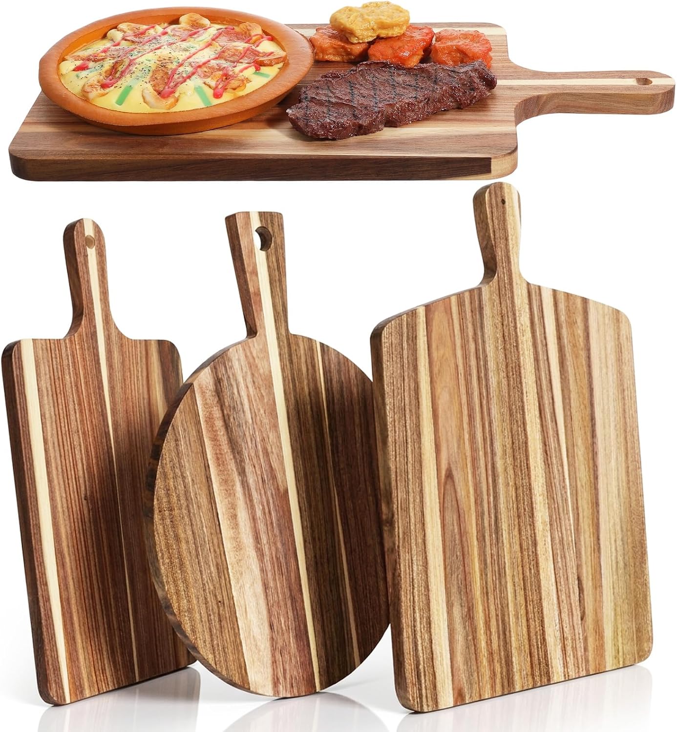 3 Pcs Wood Cutting Board with Handle Set, Acacia Wood Cutting Board 3 Sizes