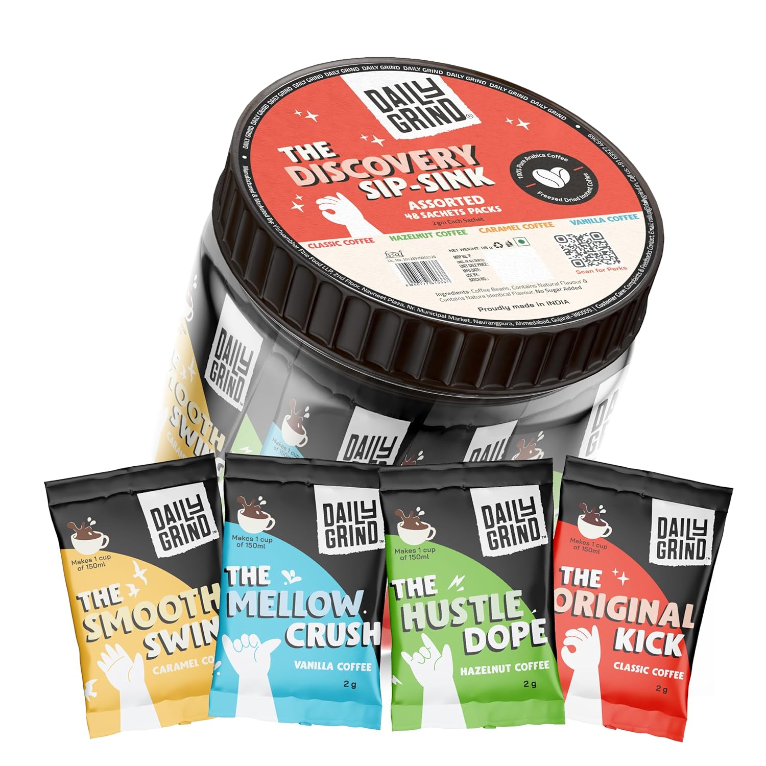 DAILYGRIND Instant Coffee Sachets – Pack of 48 | 4 Flavors (2g X 48) | Assorted Coffee Powder Sachets with Jar – Classic, Hazelnut, Vanilla, Caramel | Flavoured Coffee | Freeze Dried | 100% Arabica DAILYGRIND Instant Coffee Sachets – Pack of 48 | 4 Flavors (2g X 48) | Assorted Coffee Powder Sachets with Jar – Classic, Hazelnut, Vanilla, Caramel | Flavoured Coffee | Freeze Dried | 100% Arabica