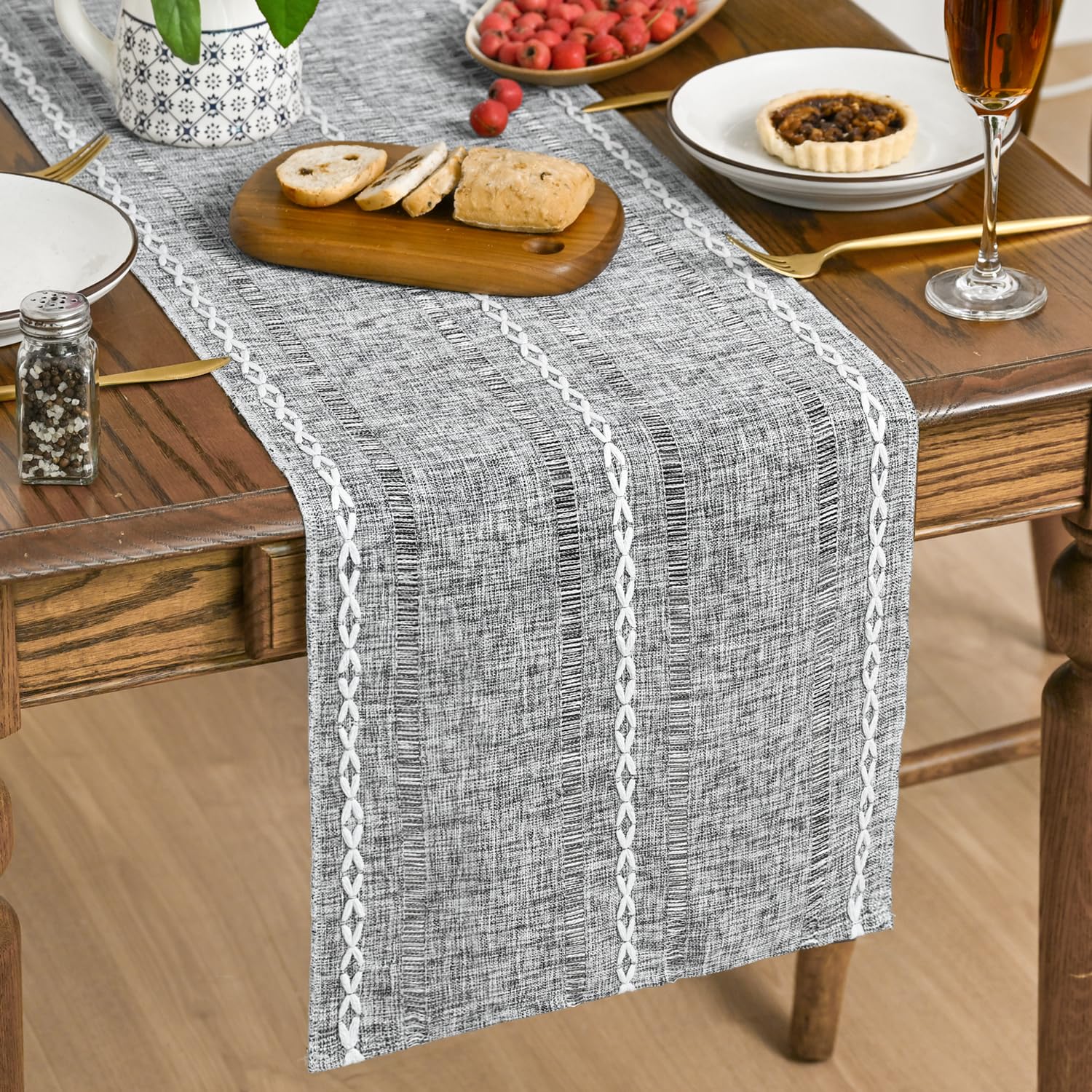 Artoid Mode Dark Grey Rustic Farmhouse Hollow Boho Table Runner 33x230 cm
