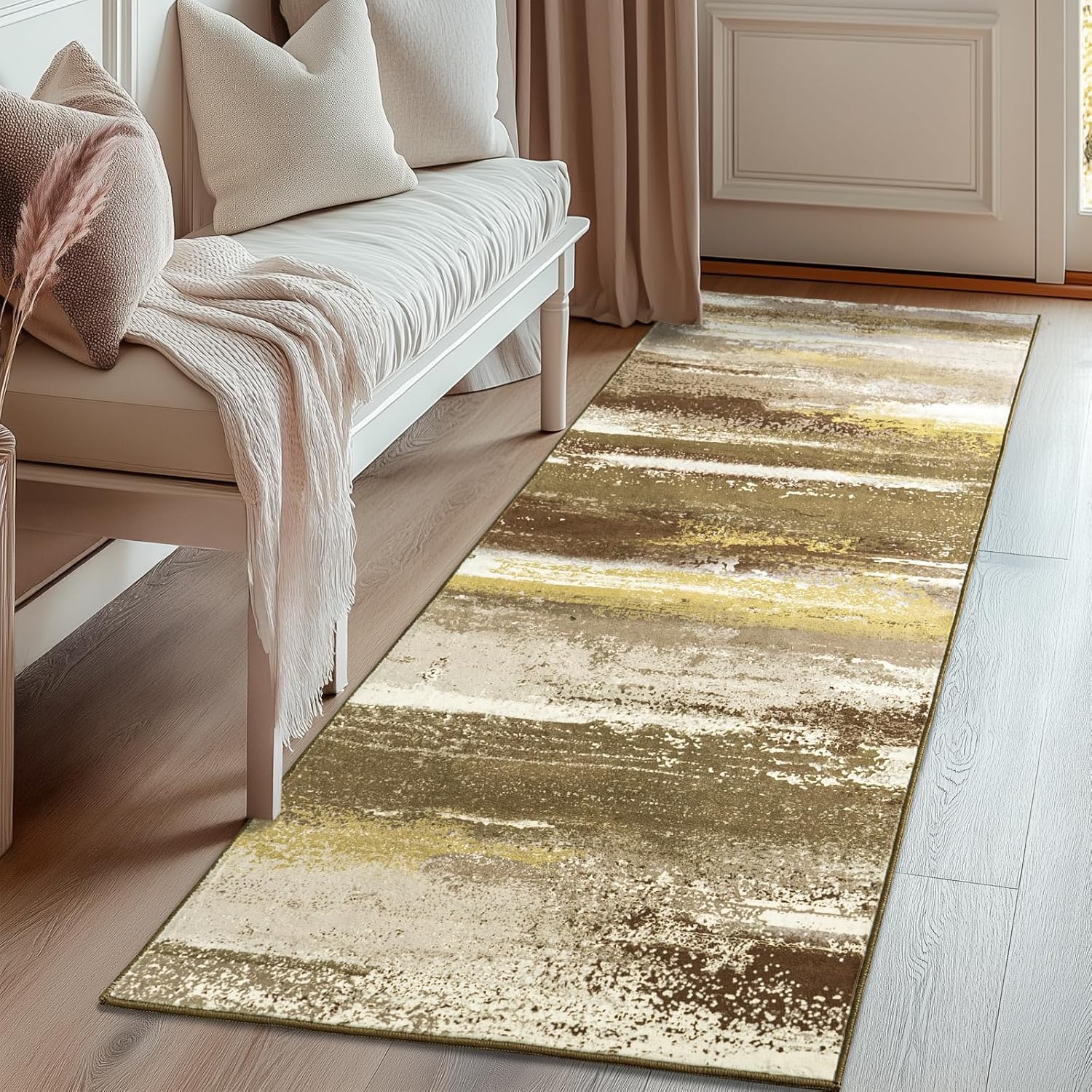 Washable Runner Rug for Hallway Kitchen, 2x6 Modern Abstract Throw Rugs with Rubber Backing for Entryway, Soft Long Non-Slip Area Rug for Bedroom Home Decor Aesthetic, Brown - Image 2