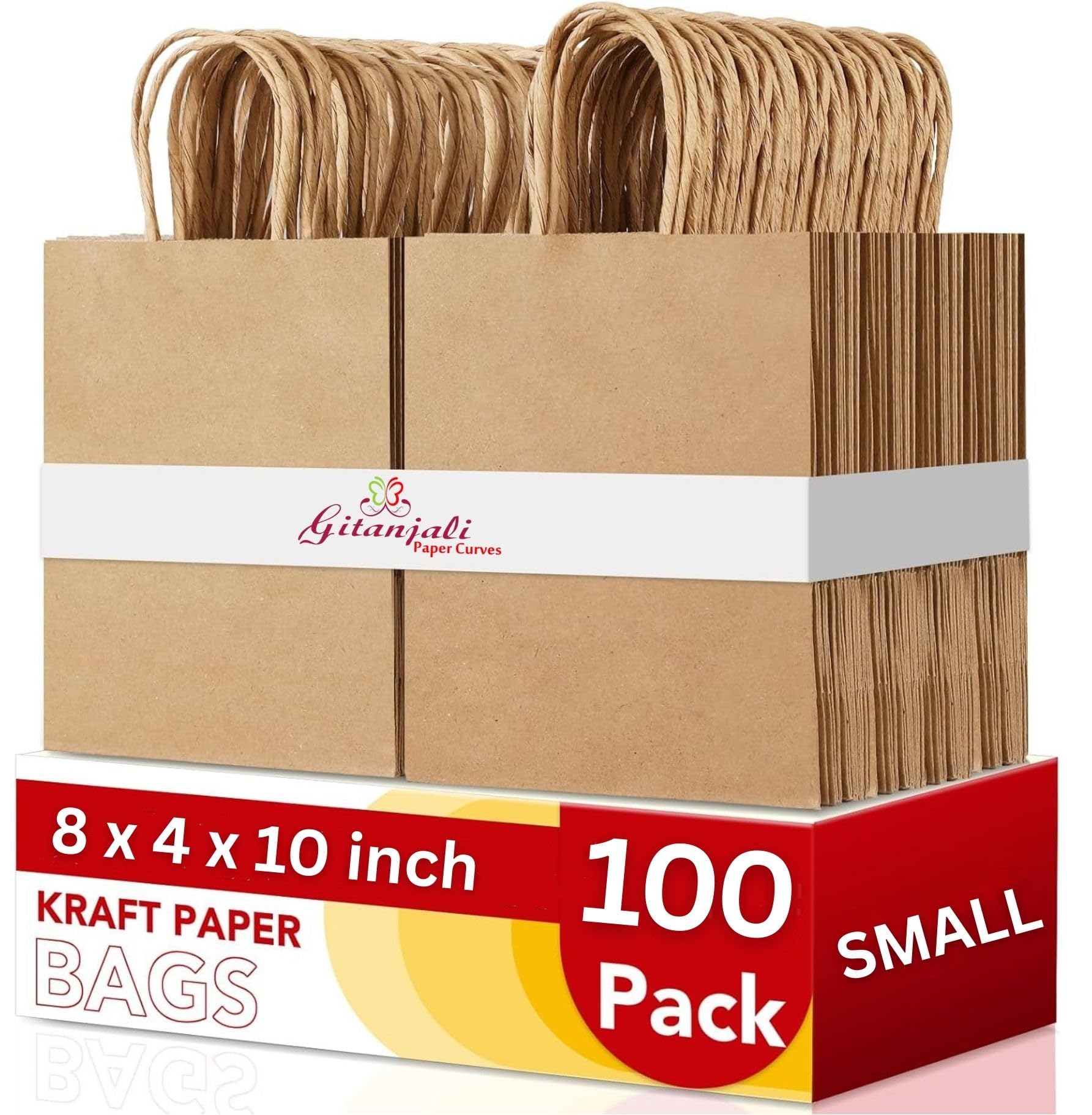 Gitanjali Paper Curves Brown Paper Bags with Handles- 8"x10"x4" 100pcs - Small Shopping Paper Carry Bags Bulk- Return Gift Bags - Disposable Recycled Eco Friendly Kraft Bags - Paper Covers (8x10x4 in Brown, Pack of 100)