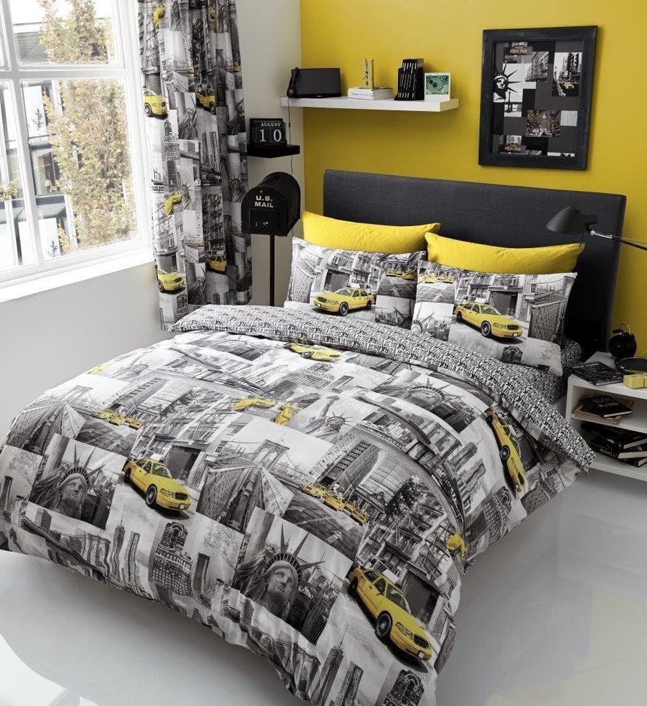 Curtains for Bedroom Patterned Panel Pencil Pleat Curtains Pair New duvet cover sets Set Size 66 x 72 Inches Printed with Matching Tie Backs (Double Duvet Cover Set, New York Patchi Multi)