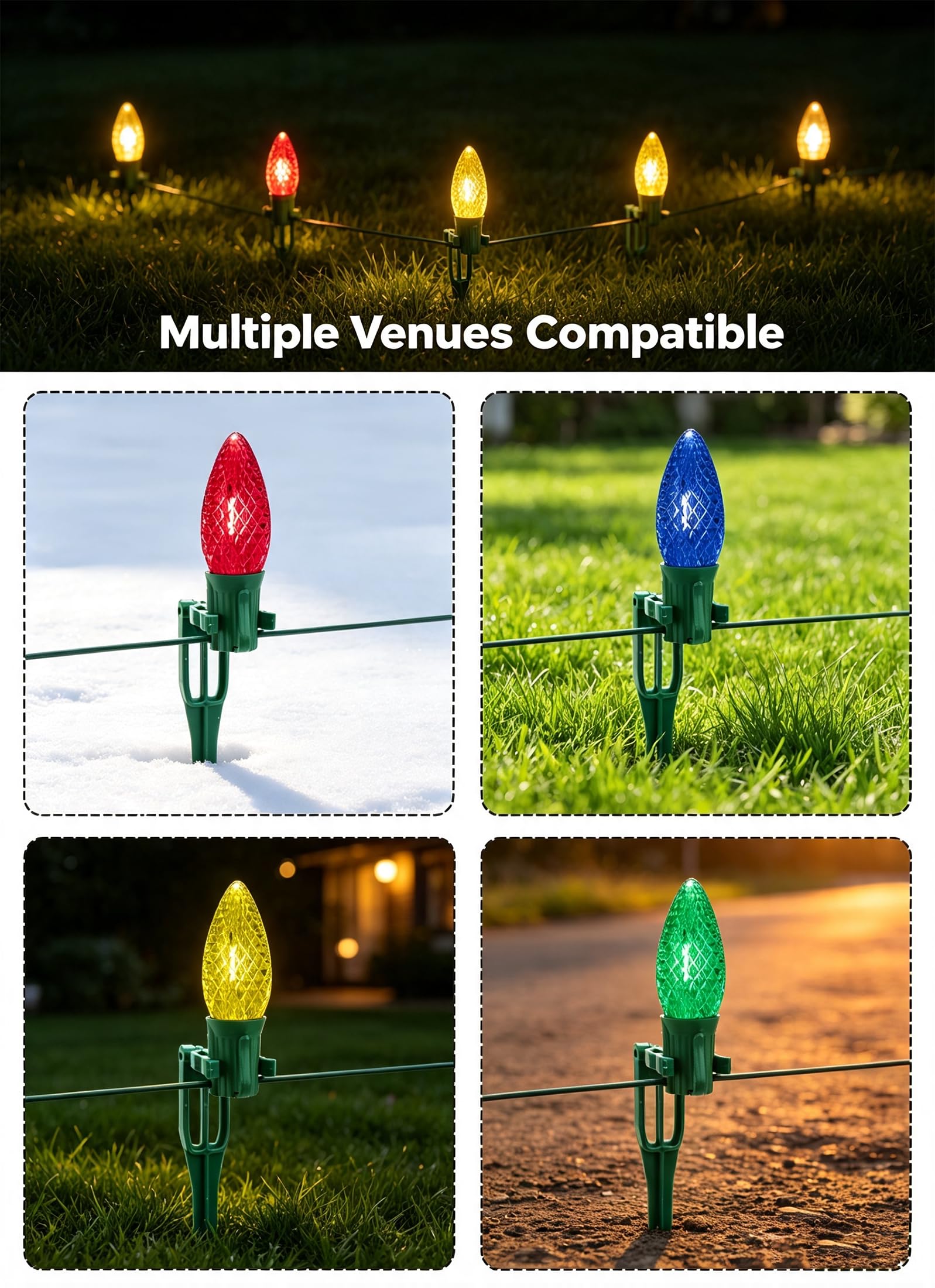 Confezione da 50 paletti luminosi natalizi per cortile, pali da terra C7 C9 | I supporti all-in-one mantengono le prese C7 e C9 in posizione verticale e allineate uniformemente lungo prati