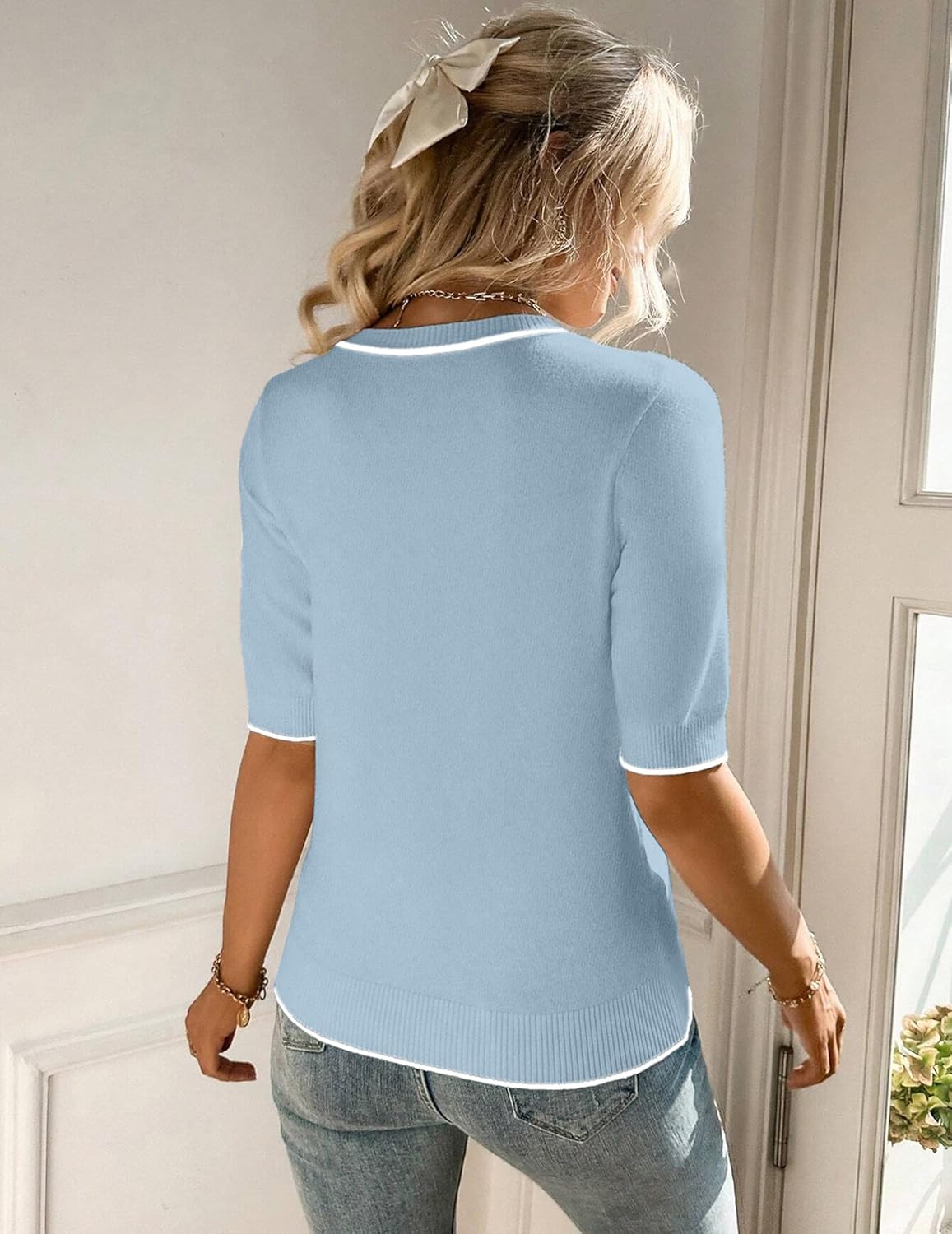 Zeagoo Women Short Sleeve Sweater Summer Crew Neck Dressy Casual Soft Knit Pullover Tops Trendy - Image 4