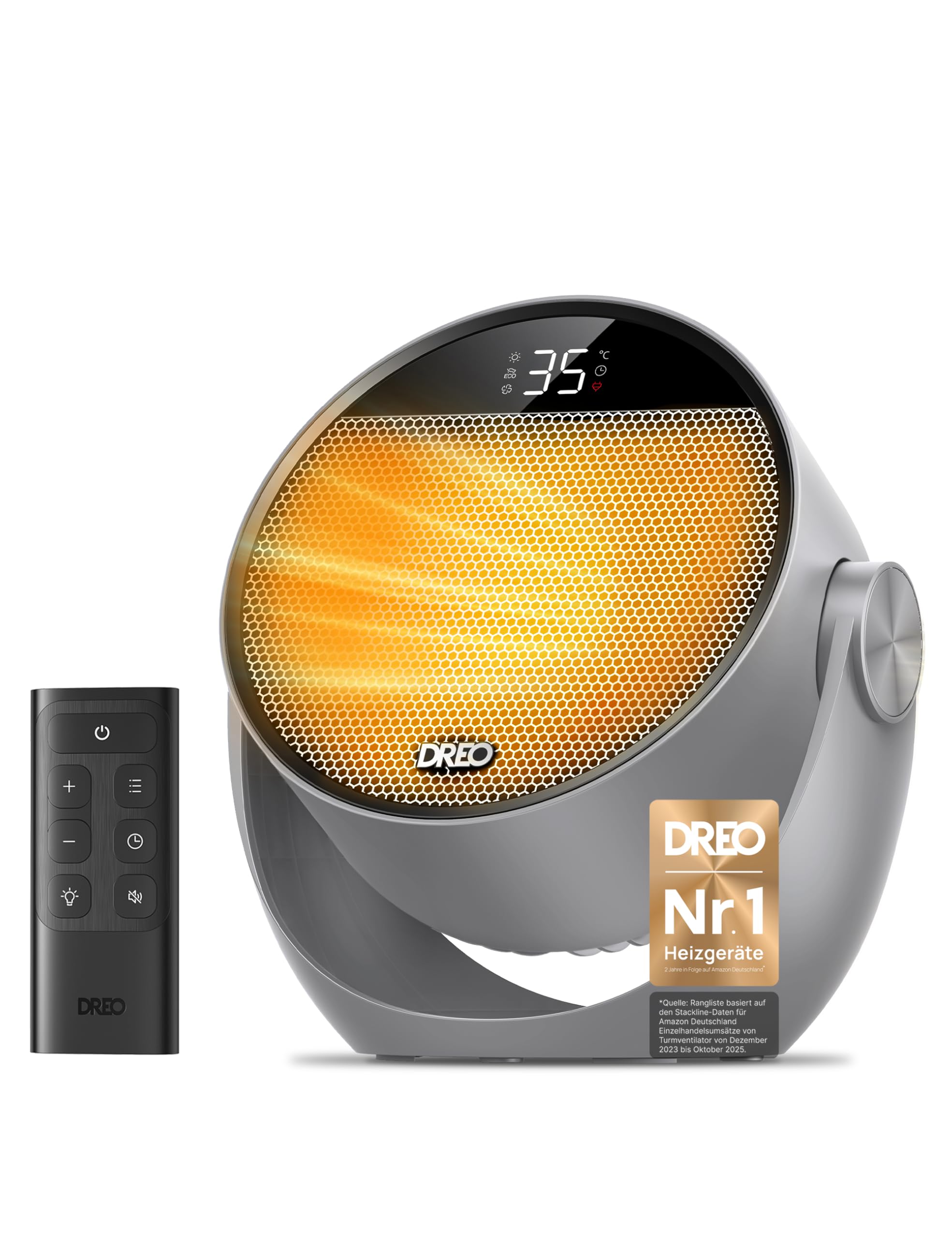 Dreo Heizlüfter Energiesparend Klein, Leiser 1500W Tragbar Heizlüfter mit Fernbedienung, Thermostat, 60° Neigbar, 8 Sicherheitsfunktionen, PTC-Keramik, 12-Std Timer, 3 Modus 3 Geschwindigkeit, Grau