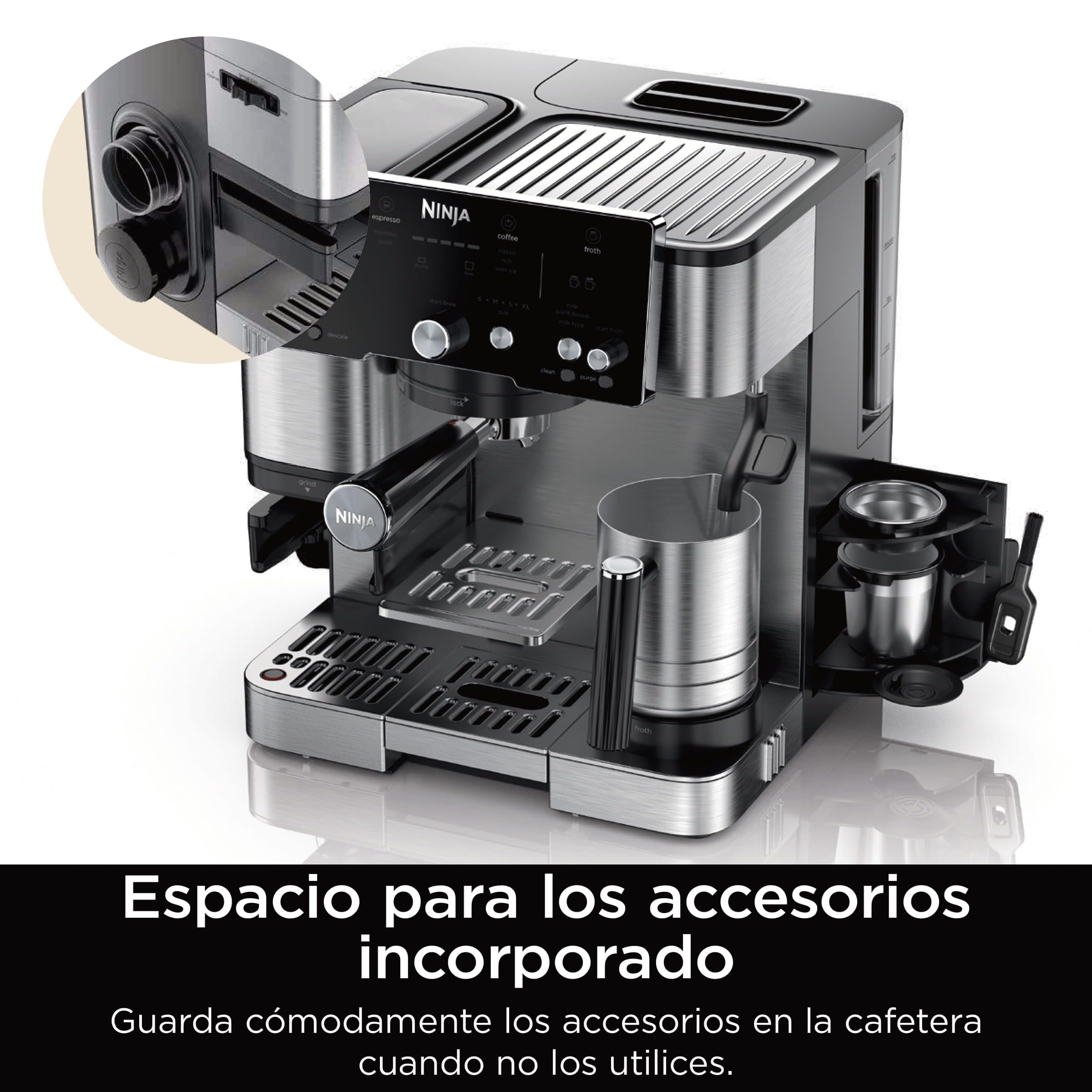 Ninja Luxe Essential Cafetera 2 en 1 para latte, cappuccino y espresso con molinillo y espumador de leche integrados, fácil de usar y 2 preajustes automáticos de espuma, plata, ES501EU — view 11