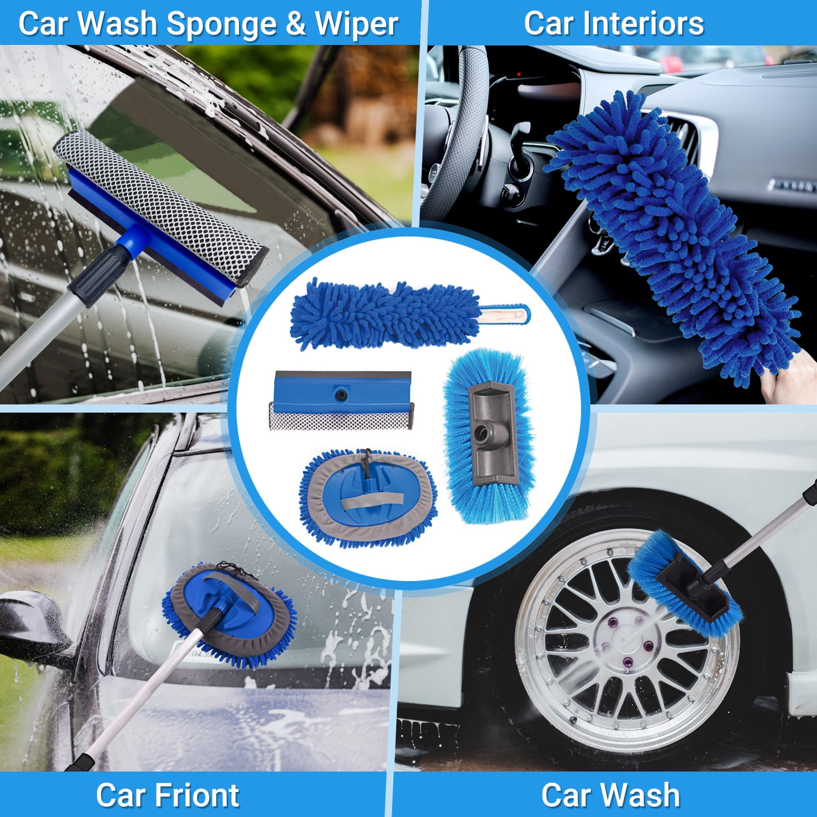 Cepillo de lavado de coche de 70 pulgadas con mango largo, interruptor de encendido/apagado para coche, caravana, camión, barco, kit de limpieza completo con fregona de lavado de coche,