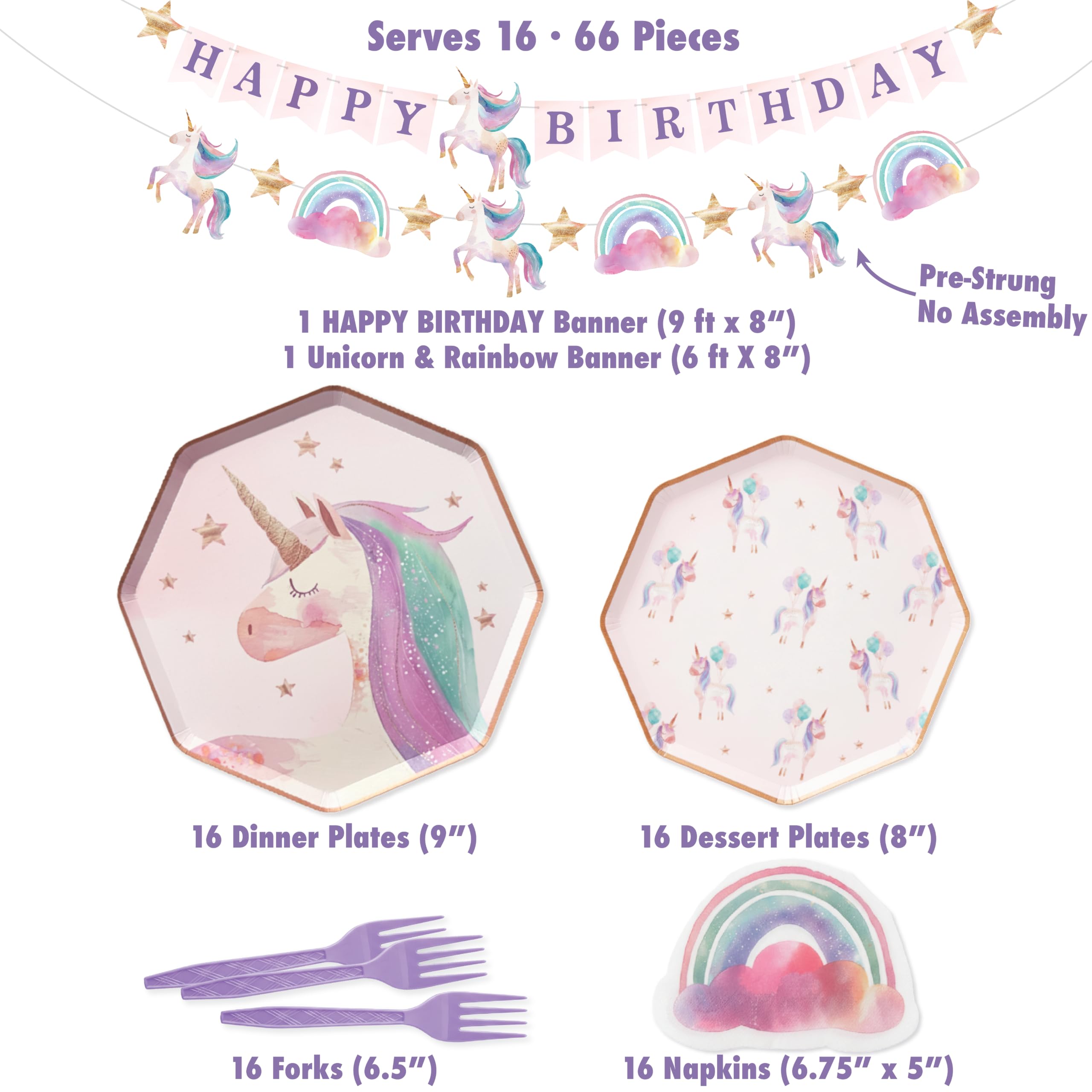 Platos de unicornio, servilletas y 2 pancartas preencordadas, juego de fiesta de 66 piezas, sirve 16 platos octogonales de acuarela, servilletas arcoíris + pancarta de feliz cumpleaños y