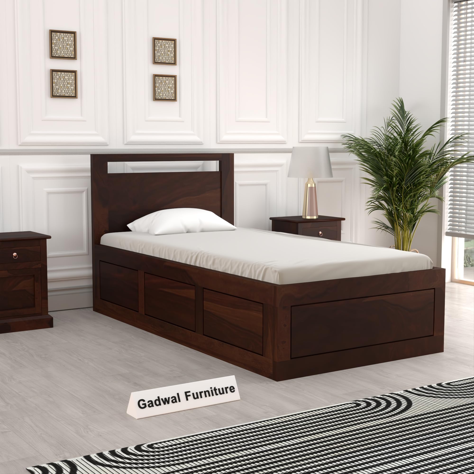 Solid Sheesham Wooden Bed 6X4 Single Bed with Box Storage for Bedroom - Single Cot Wooden BedSingle Size for Living Room Guest Room - 12 Month Warranty (Design 46)-image-16