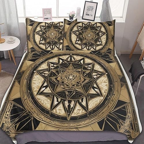 ZGDPBYF Juego de colcha de tamaño Queen, diseño de estrellas de cinco puntas, color negro y dorado, diseño geométrico bohemio para todas las