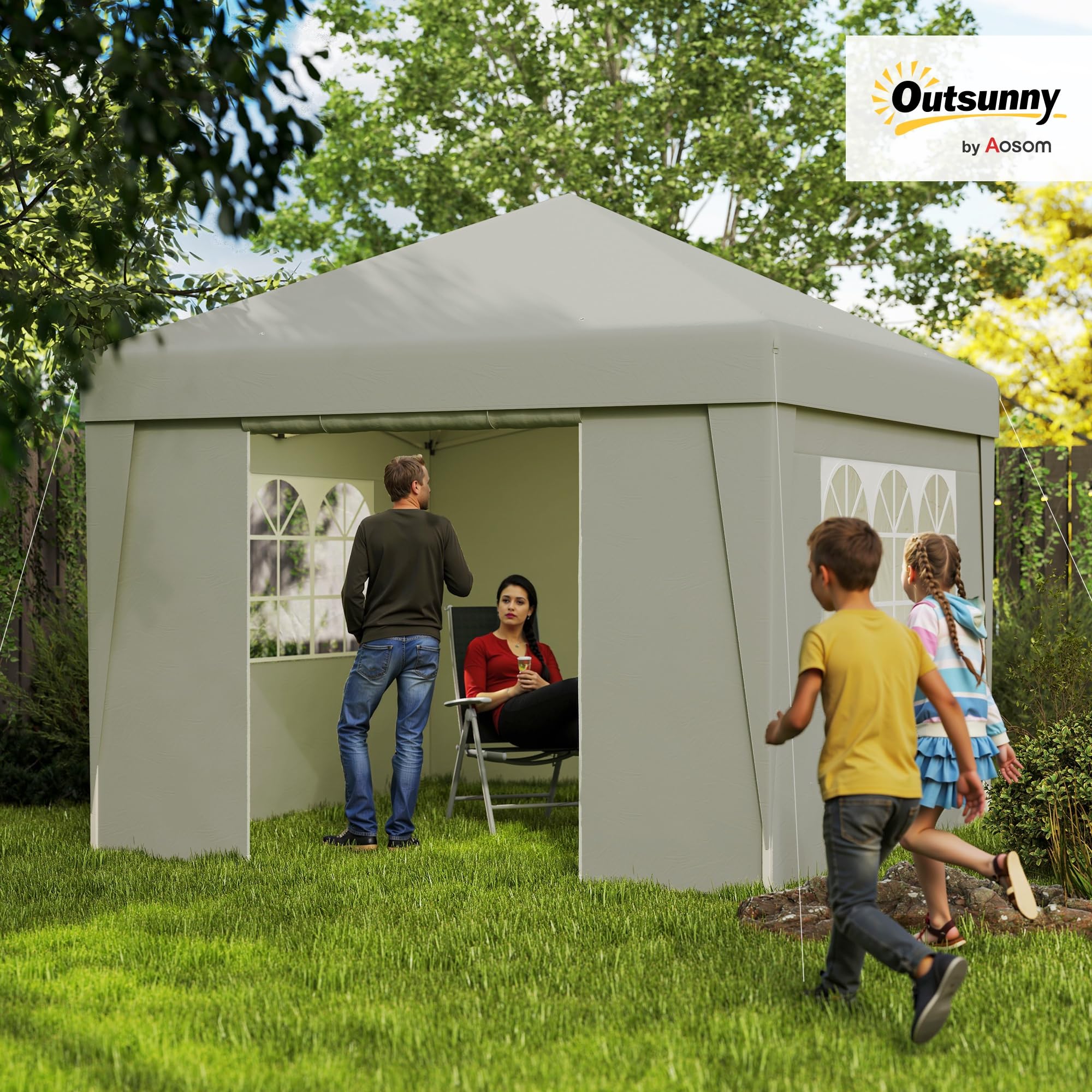 Outsunny Tonnelle Barnum Pliante Pop-up 3x3m Anti-UV 30+ Avec Parois Latérales, Fenêtres Et Sac à Roulettes – Blanc