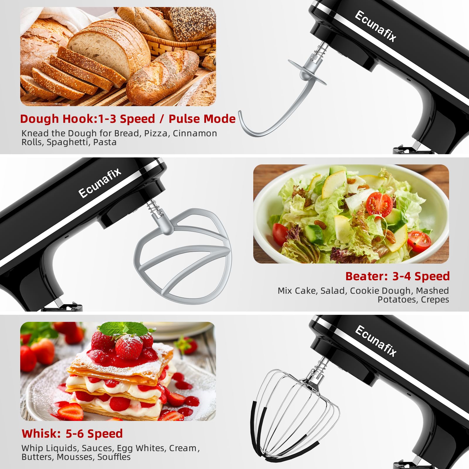 Batidora Amasadora 2000W 8L Robot de Cocina Amasador Multifunción con Bol de Acero Inoxidable, Batidor, Gancho para Masa, y Varillas, Raspador Protector Antisalpicaduras, 6+P Velocidades