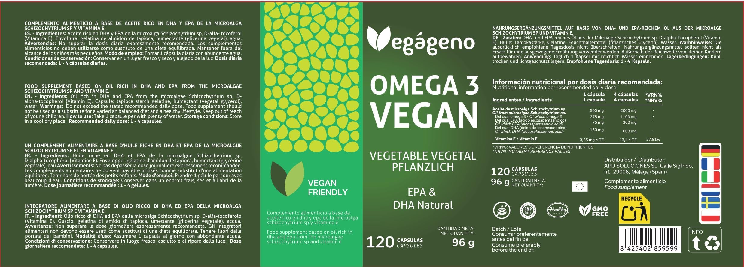OMEGA 3 VEGAN - Huile d'algues 2000MG d'origine végétale. Haute concentration de 600 mg de DHA et 300 mg d'EPA par dose quotidienne. 100% naturel. Sans gluten. Non OGM. Compatible avec le VEGAN