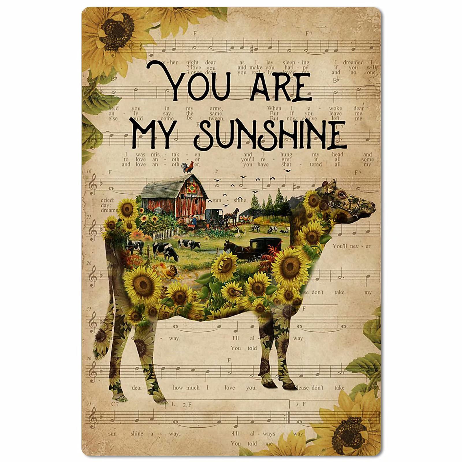 Lawenp Cow Farmhouse Aluminum Metal Tin Sign,You are My Sunshine,Wall Decor Poster Farm Home Bedroom Kitchen Bar Home Cafe 12x16 Inch