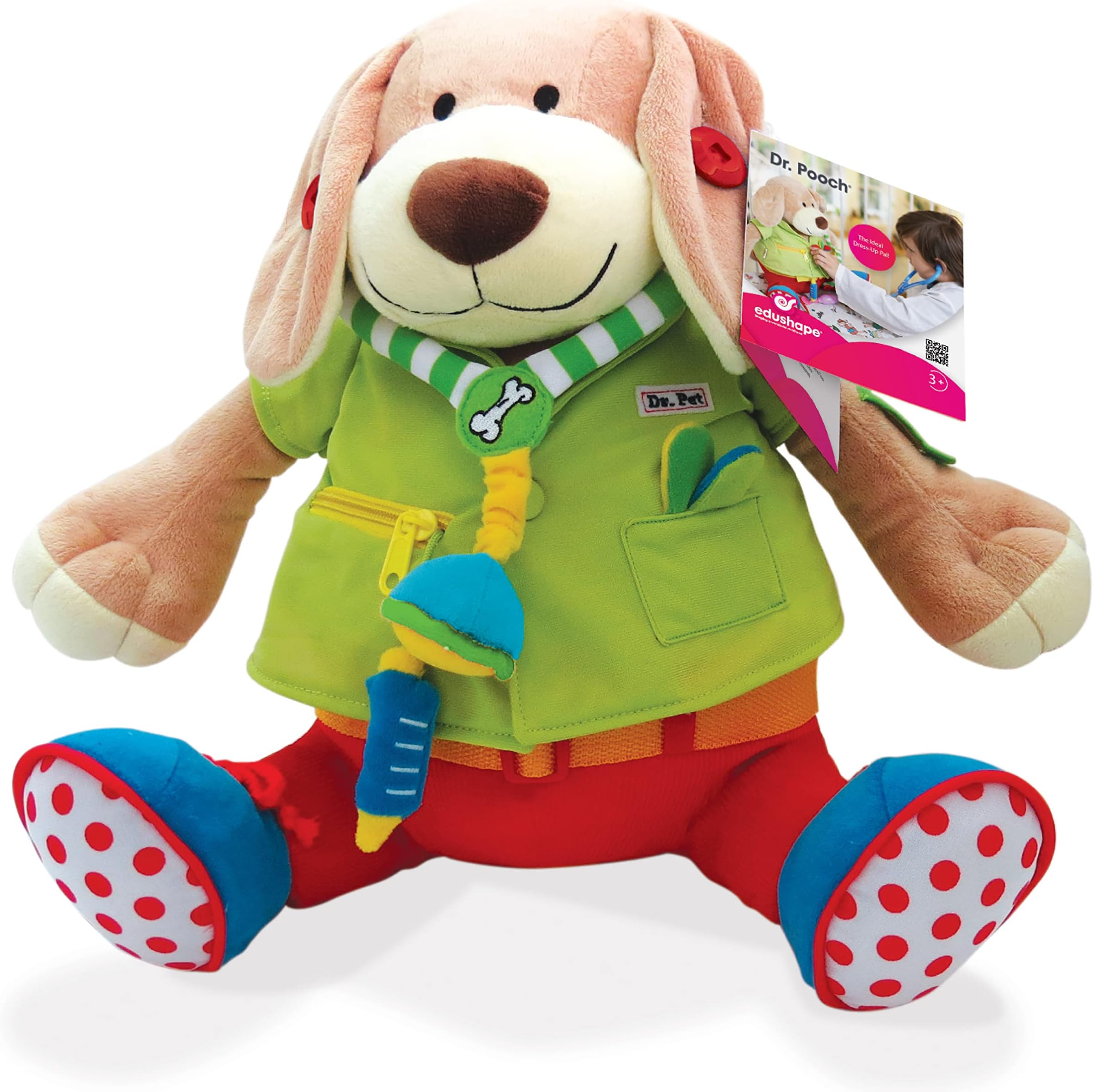 Edushape Dr Pooch Plush Soft Toy. Teaches Children How to Dress Themselves. Includes Buckle on the Belt, Button on the Ear, Removable Jacket and Laces on the Shoe. Suitable For Boys & Girls 3 years +
