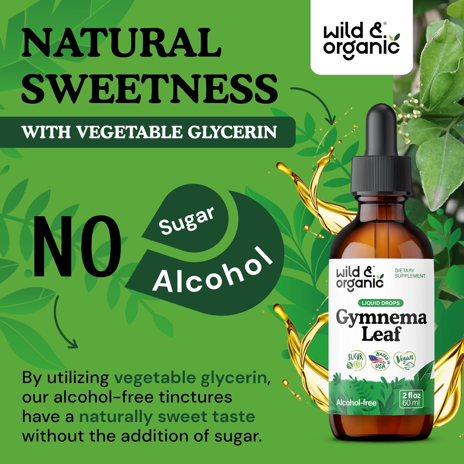 Wild & Organic Gymnema Sylvestre Extract Drops - Sugar-Free Gymnema Supplement for Overall Support - Gurmar Leaf Extract Tincture - Vegan, Alcohol-Free Liquid Drops - 2 fl oz