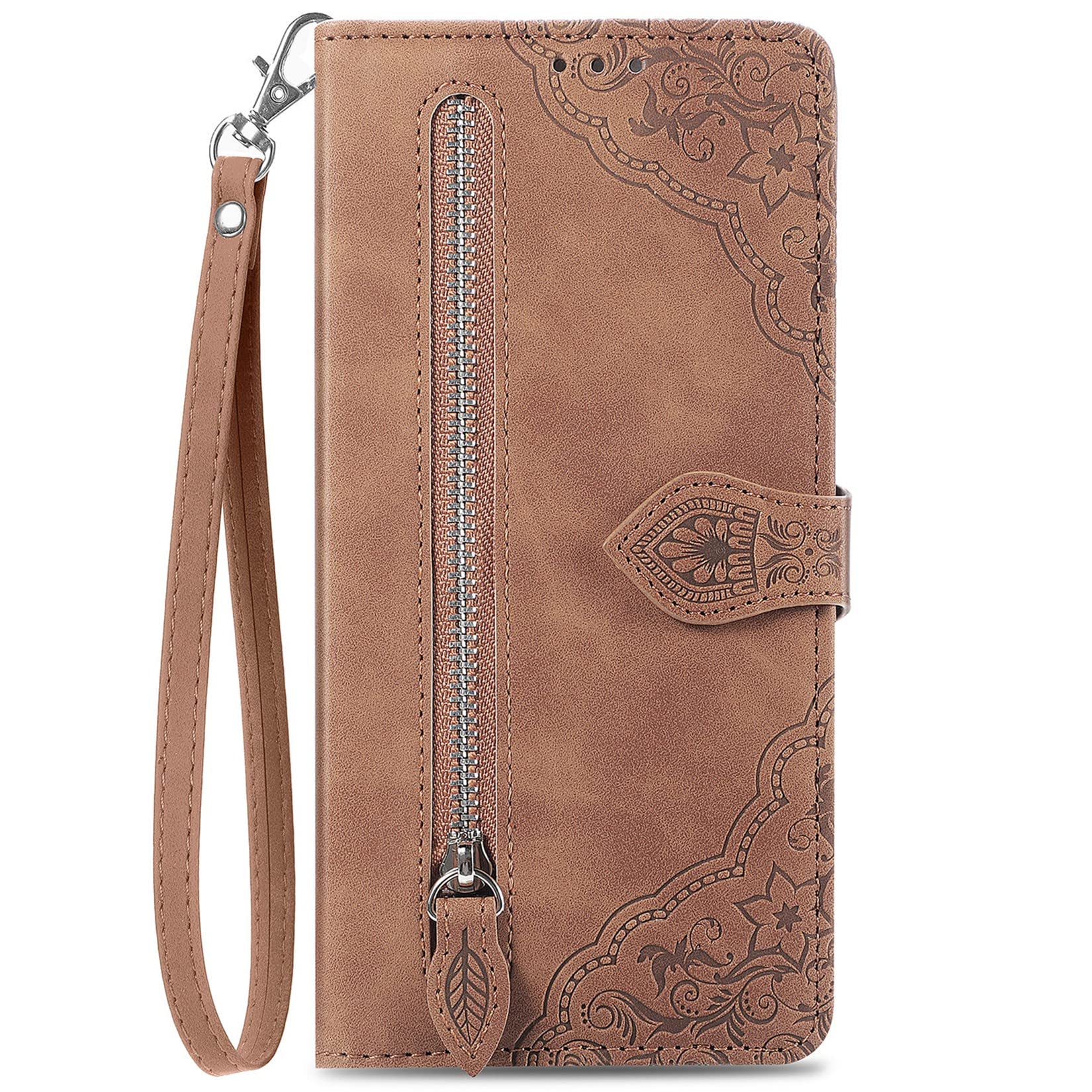 Hancda Case for Samsung Galaxy A21S, Wallet Case Leather Cover Flowers Pattern Design with Card Holder Slot Strap Zipper Pocket Magnetic Book Style Shockproof Flip Case for Samsung Galaxy A21S,Brown