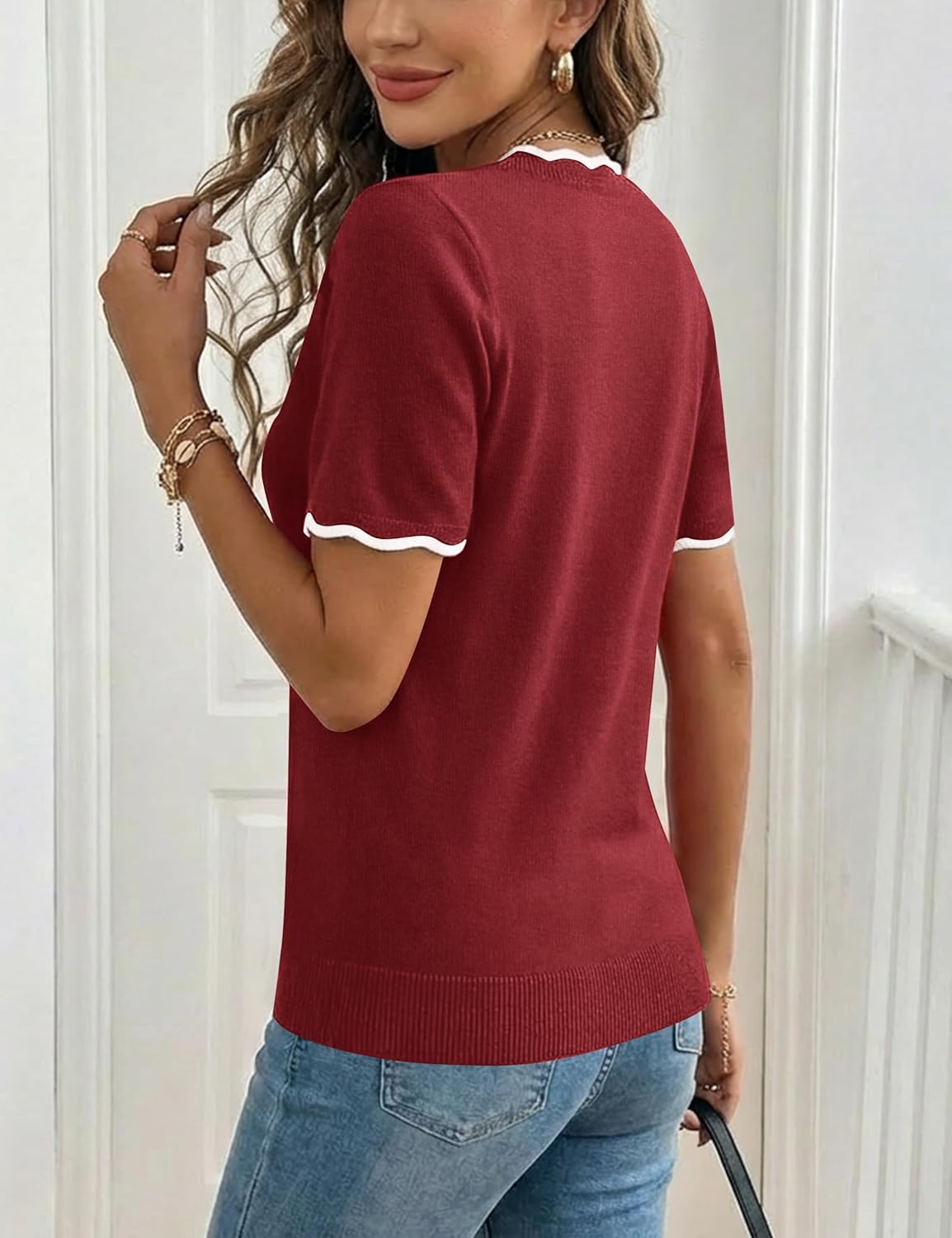 LaGracia Short Sleeve Sweater for Women Scalloped V-Neck Pullover Lightweight Dressy Casual Sweaters - Image 4