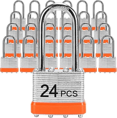 Candados con la misma llave, LQYN 24 candados laminados con llave (1-9/16 pulgadas, 1.575 in), cerraduras con llave igual, grillete largo, para