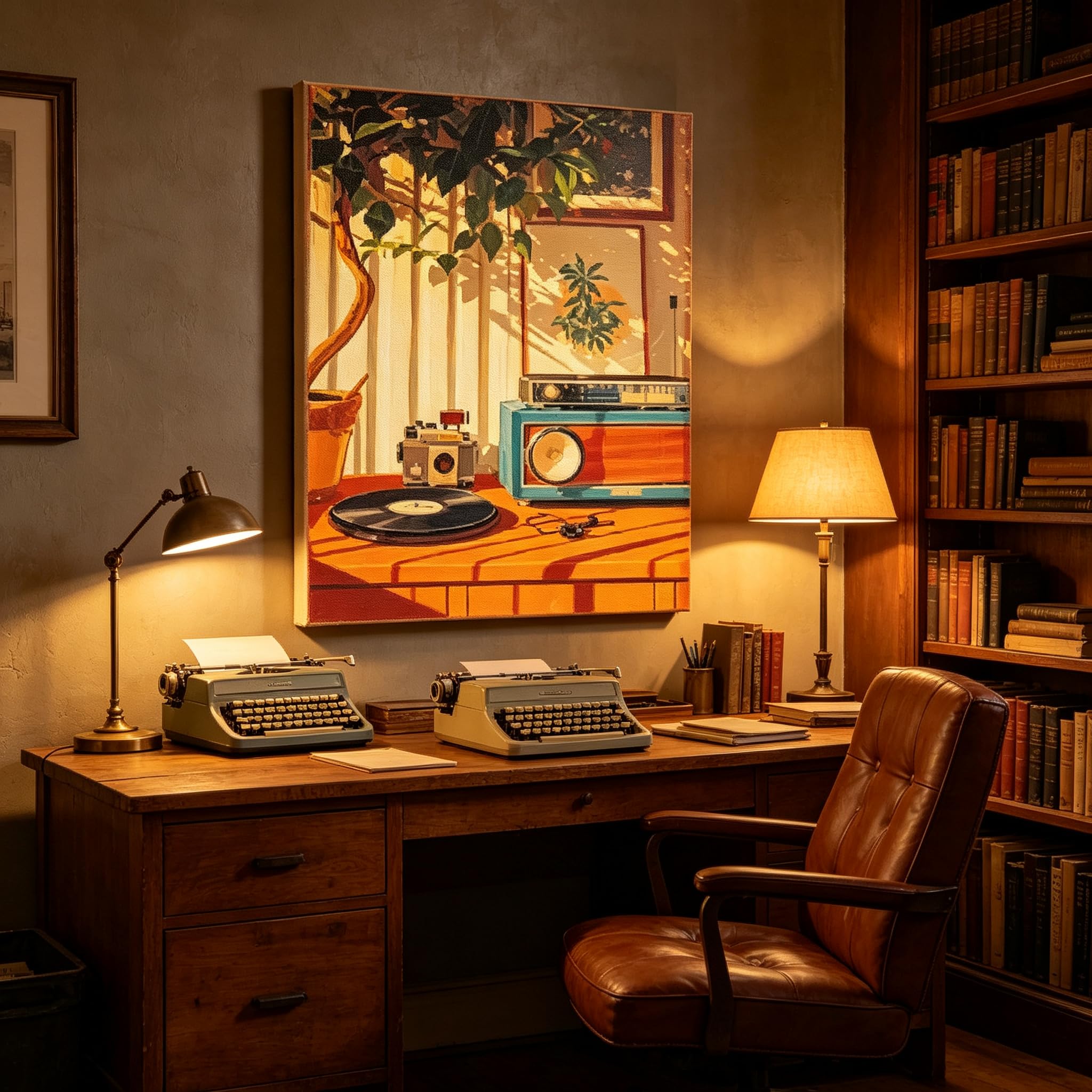 Rumlly Obraz na płótnie w stylu vintage z czarną płytą winylową, nowoczesny obraz ścienny z kamerą radiową do dekoracji salonu (60 x 90 cm/rama wewnętrzna)