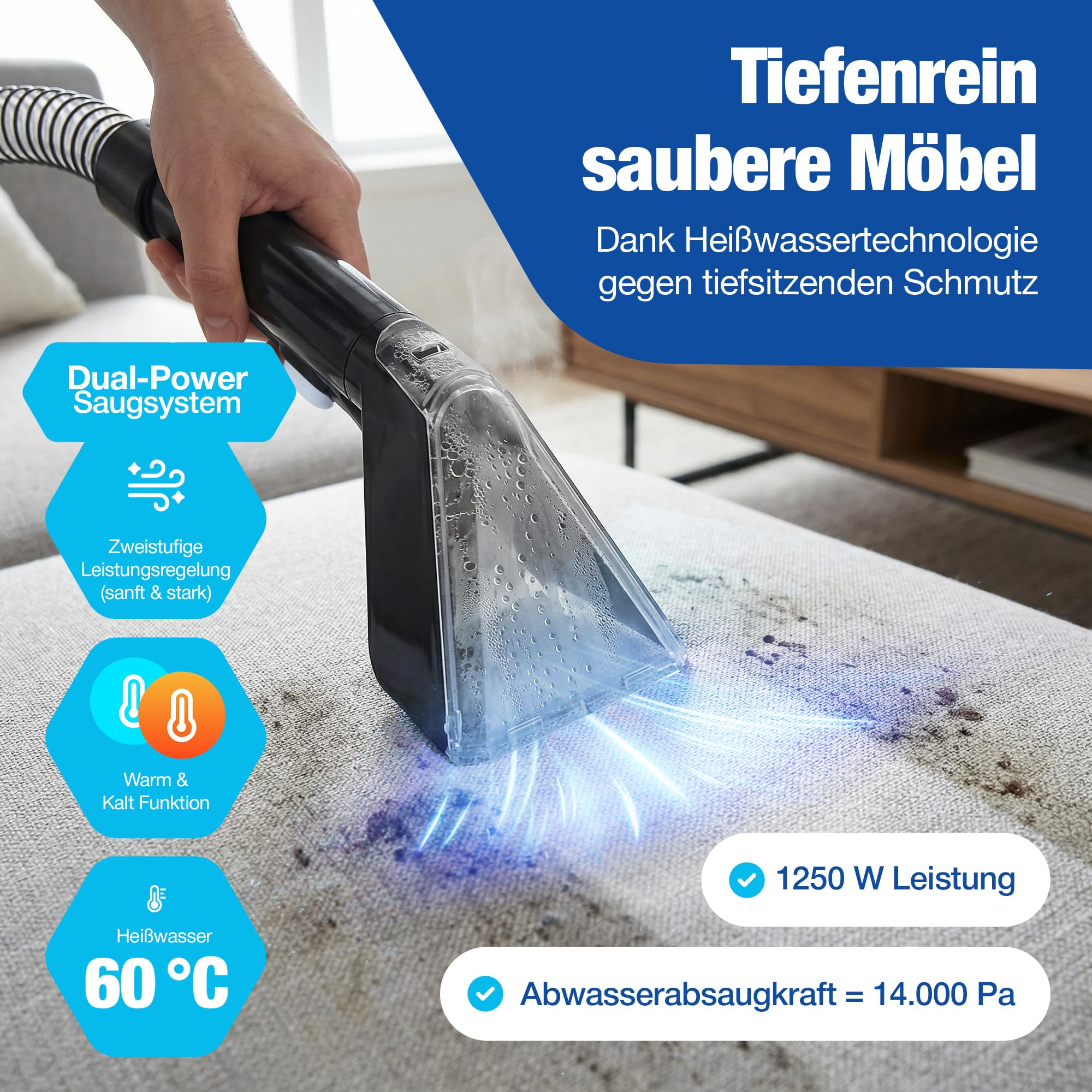 Polsterreiniger Gerät 550W | Kompakter Teppichreiniger & Waschsauger | Tragbarer Nasssauger | Auto Nass Trockensauger | für Teppich, Autositze, Sofas & Polster | Effektive Tiefenreinigung (bis 60 °C)