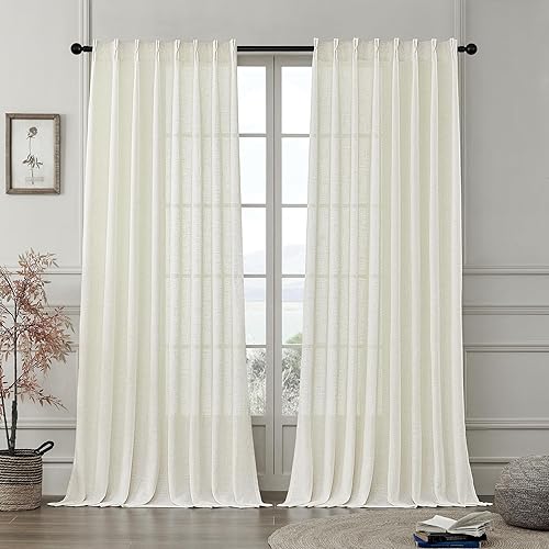 Miniatura 7 de 2 paneles de cortinas plisadas naturales con pestaña trasera, mezcla de lino texturizado, filtrante de luz, para sala de estar o dormitorio, 2