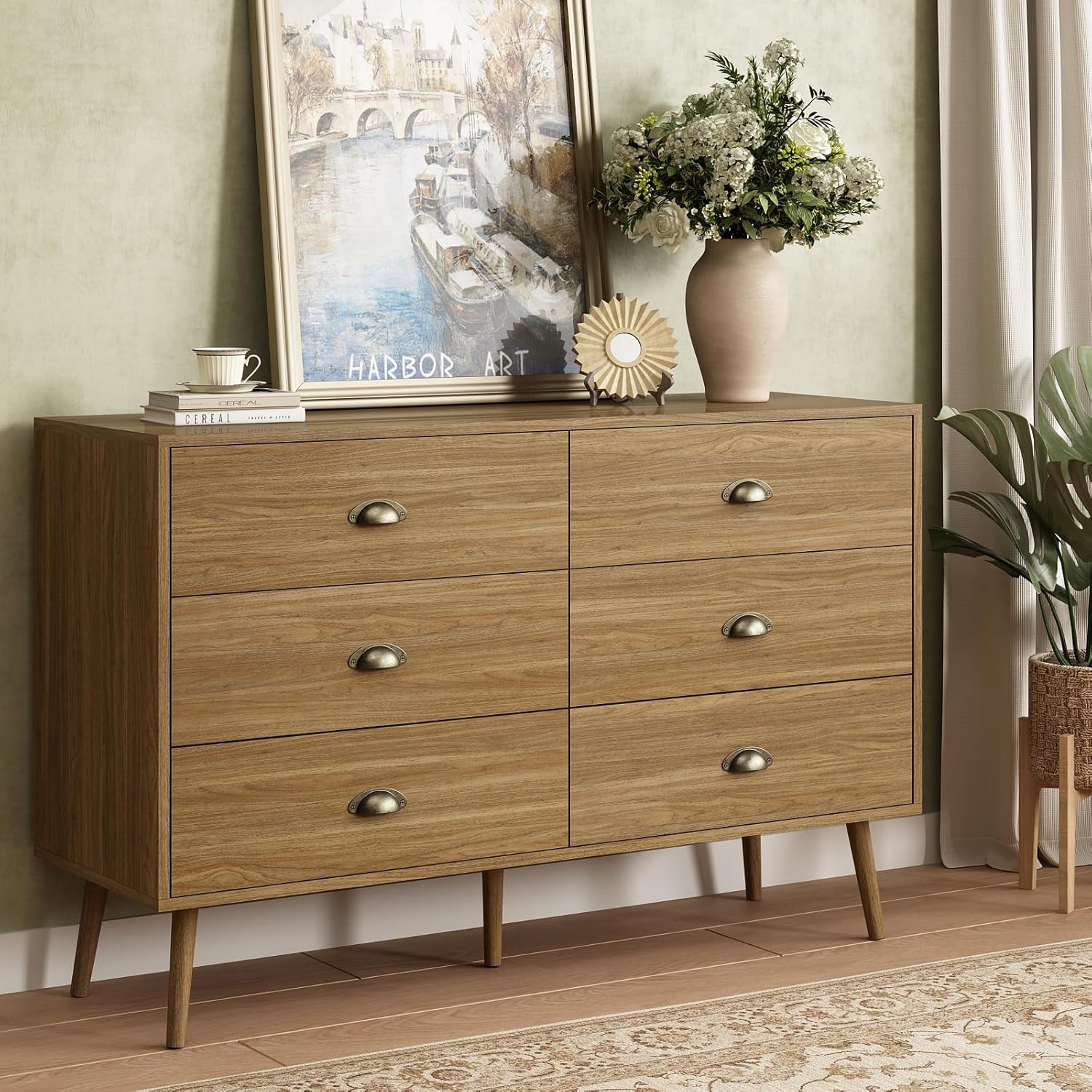 CARPETNAL White Dresser for Bedroom, 6 Drawer Dresser with Wide Drawers and Gold Metal Handles, Wood Dressers & Chest of Hallway, Entryway.