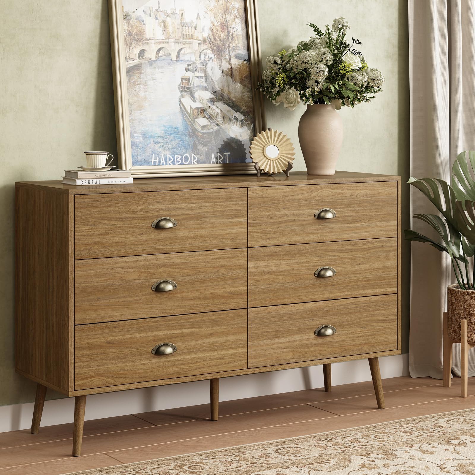 CARPETNAL Dresser for Bedroom Wide Mid Century Modern Chest of Drawers,Wooden Bedroom Dresser with 6 Storage Drawers for Living Room,Oak