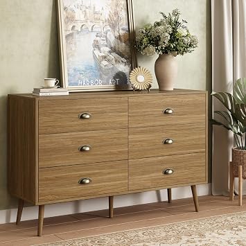 Oak 6 Drawer Dresser for Bedroom, 47" Wood Dresser with Gold Handles. | Modern Dressers & Chests of Drawers for Living Room, Hallway, Entryway.