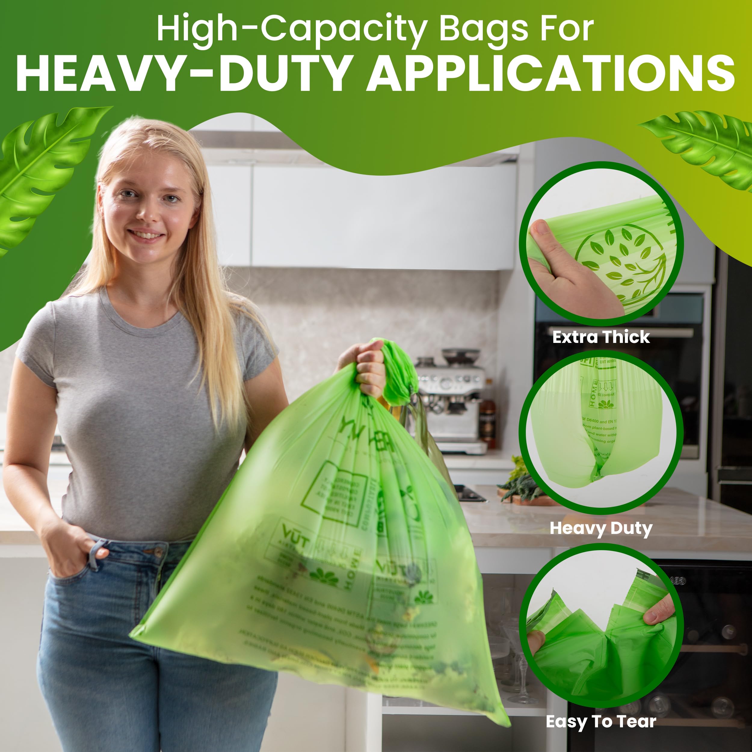 GREENWAY Bolsas de basura compostables de 13 galones, con cordón, 50 bolsas, resistentes, extragruesas de 0.90 mil, 50-65 litros, compatibles con contenedores Code Q, bolsas altas de chatarra de