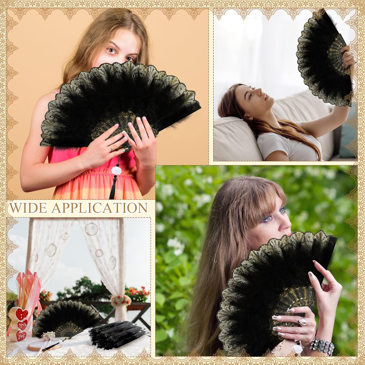 Barydat 24 Sets Marabou Feather Fan Bulk 20s Folding Fan Wedding Party Favor Lace Vintage Embroidered Flapper Costume Women Dancing Party (Black)