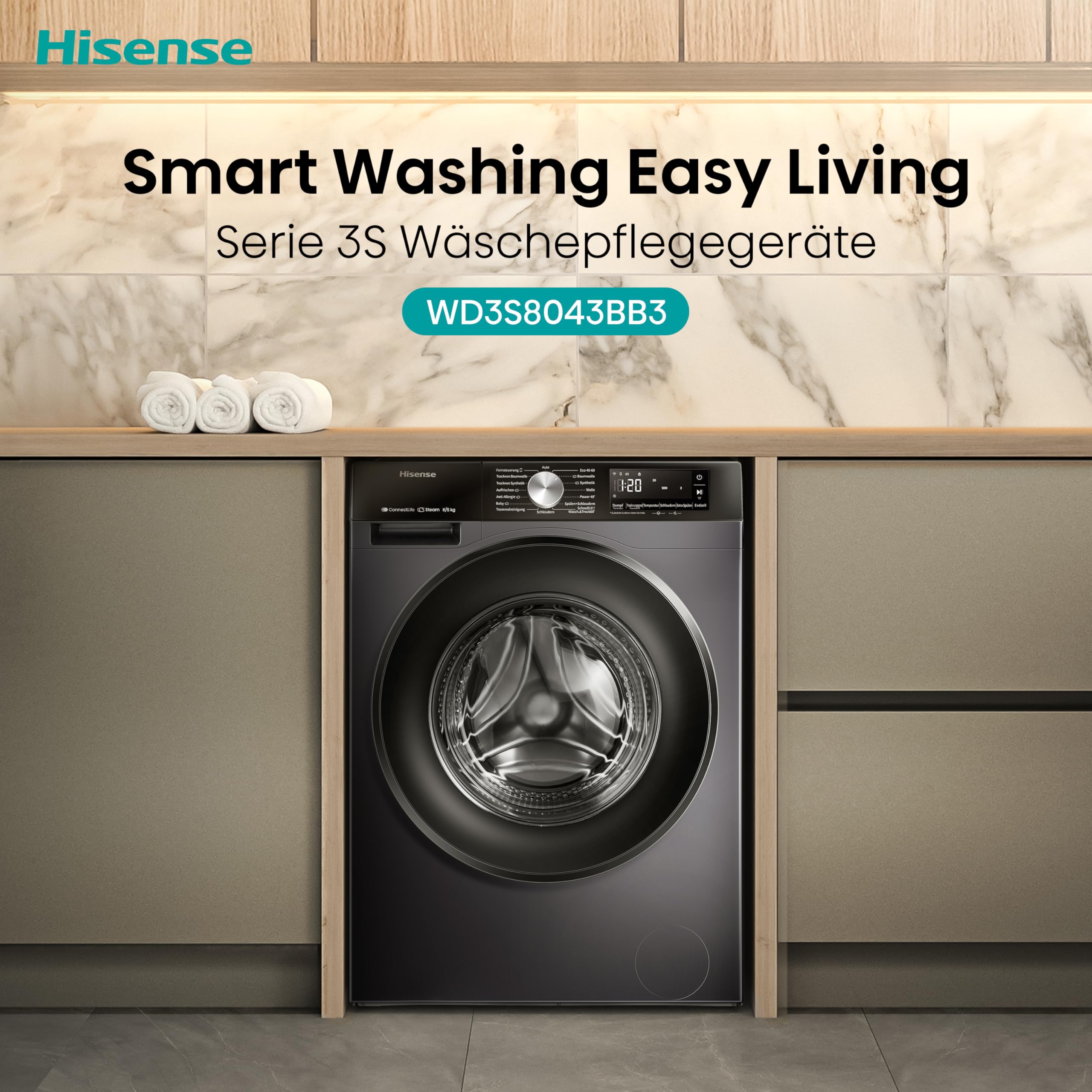 Hinsense WD3S8043BB3 Waschtrockner 8 kg 1400 U/min Dampffunktion JetWash Anti-Allergie Schwarz