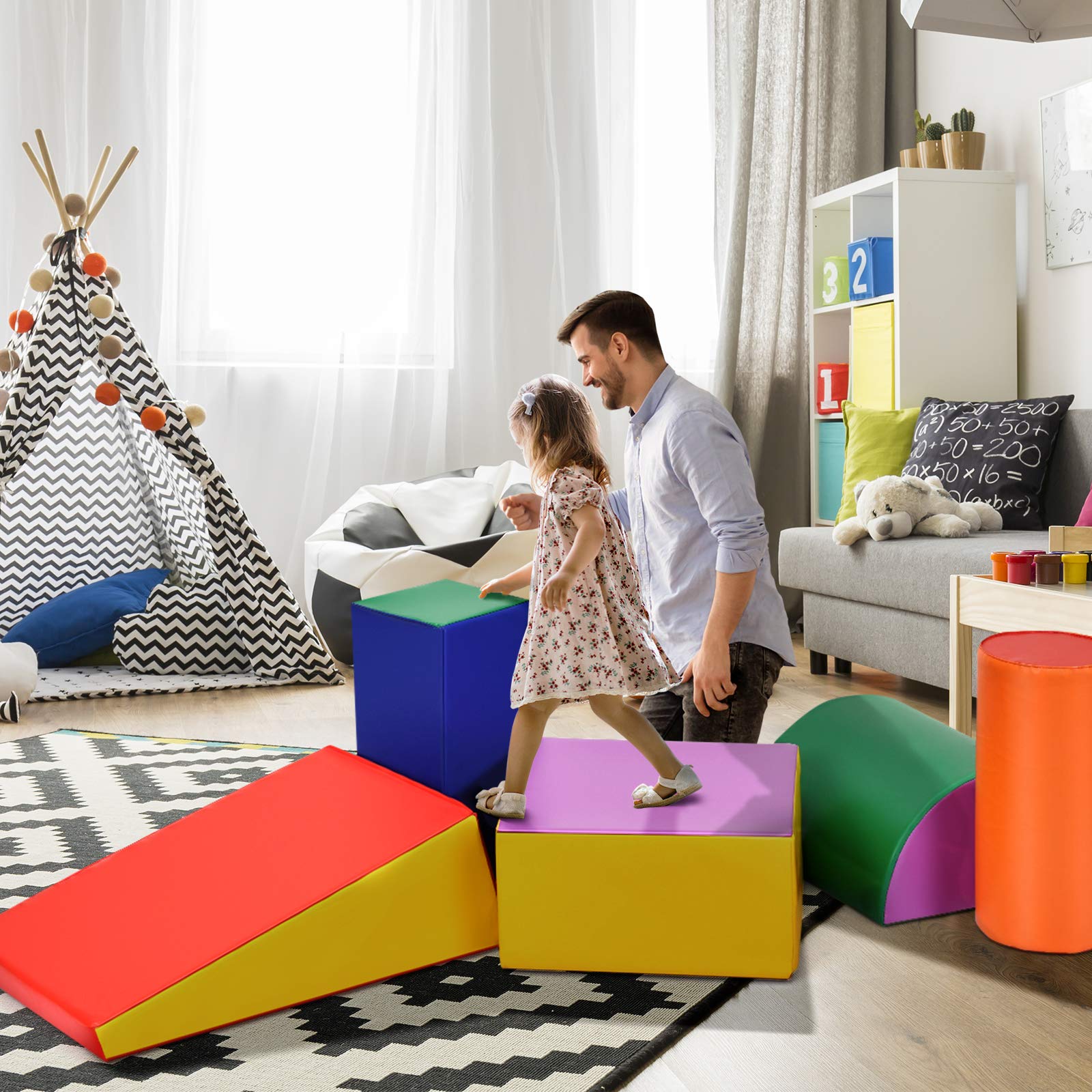 DREAMADE 5 TLG. Softbausteine für Kinder, Großbausteine Riesenbausteine zum Toben und Klettern, Schaumstoffbausteine für Kindergarten Kinderzimmer, Bauklötze aus PE und EPE, Bunt