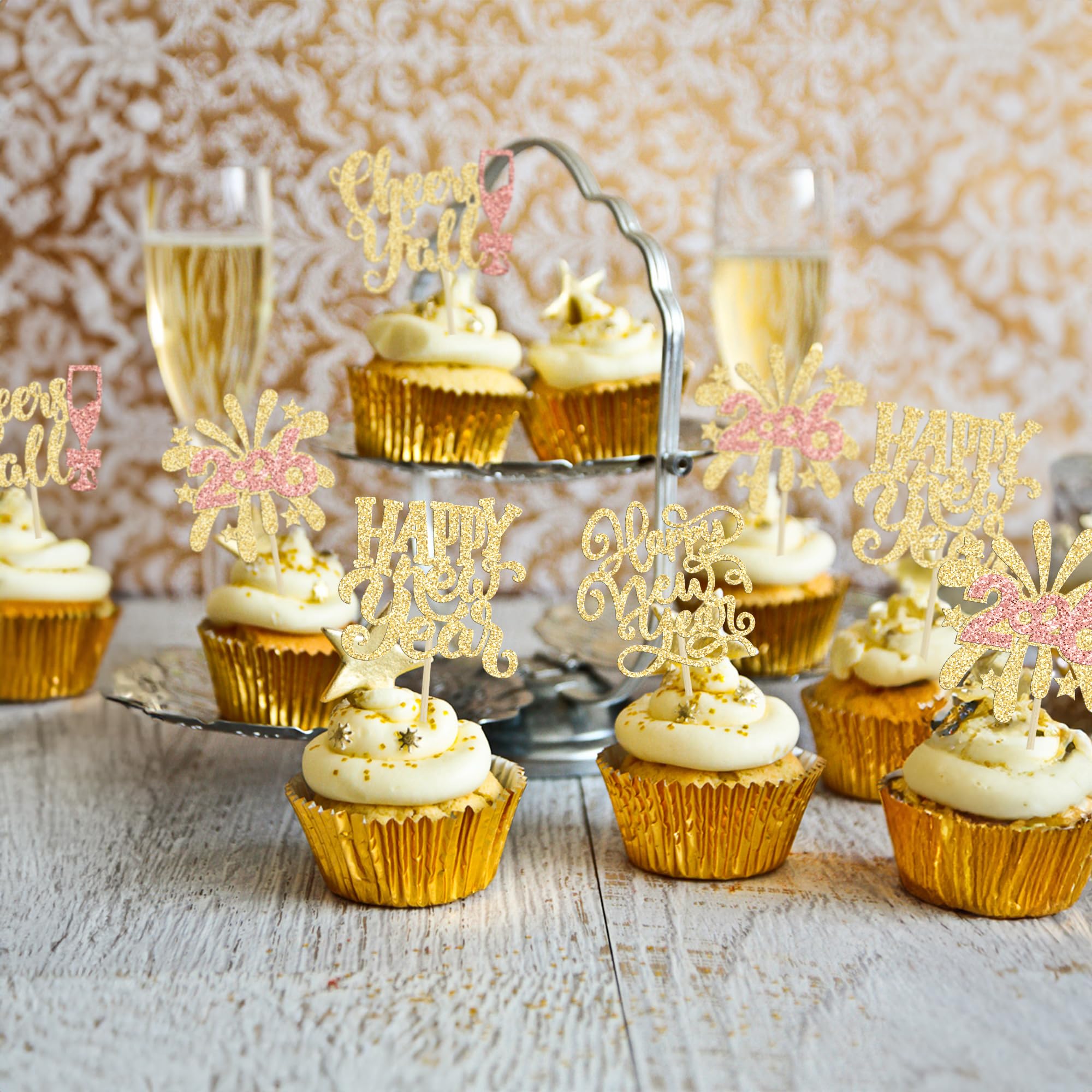 Ephlyn 24Pcs 2026 Happy New Year Cupcake Toppers Glitter Fireworks Clock Hello 2026 Cupcake Picks for Cheers to 2026 Happy New Year Theme Holiday Party Cake Decorations Supplies Gold - Image 4