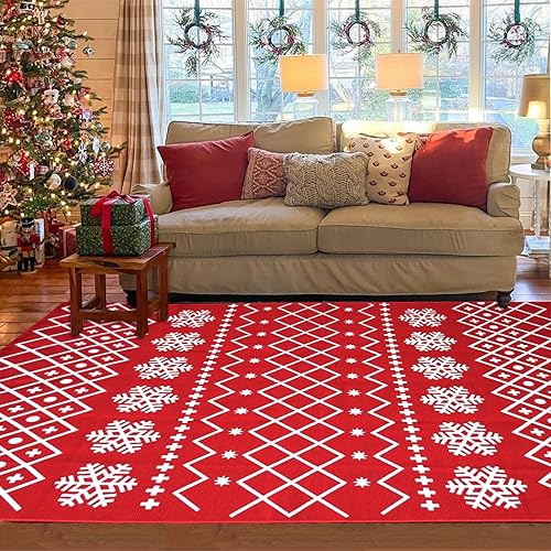 Miniatura 4 de Alfombra de Navidad roja y blanca  4 x 6 pies para decoración de puerta delantera al aire libre, tapete de algodón lavable tejido a mano, tapete