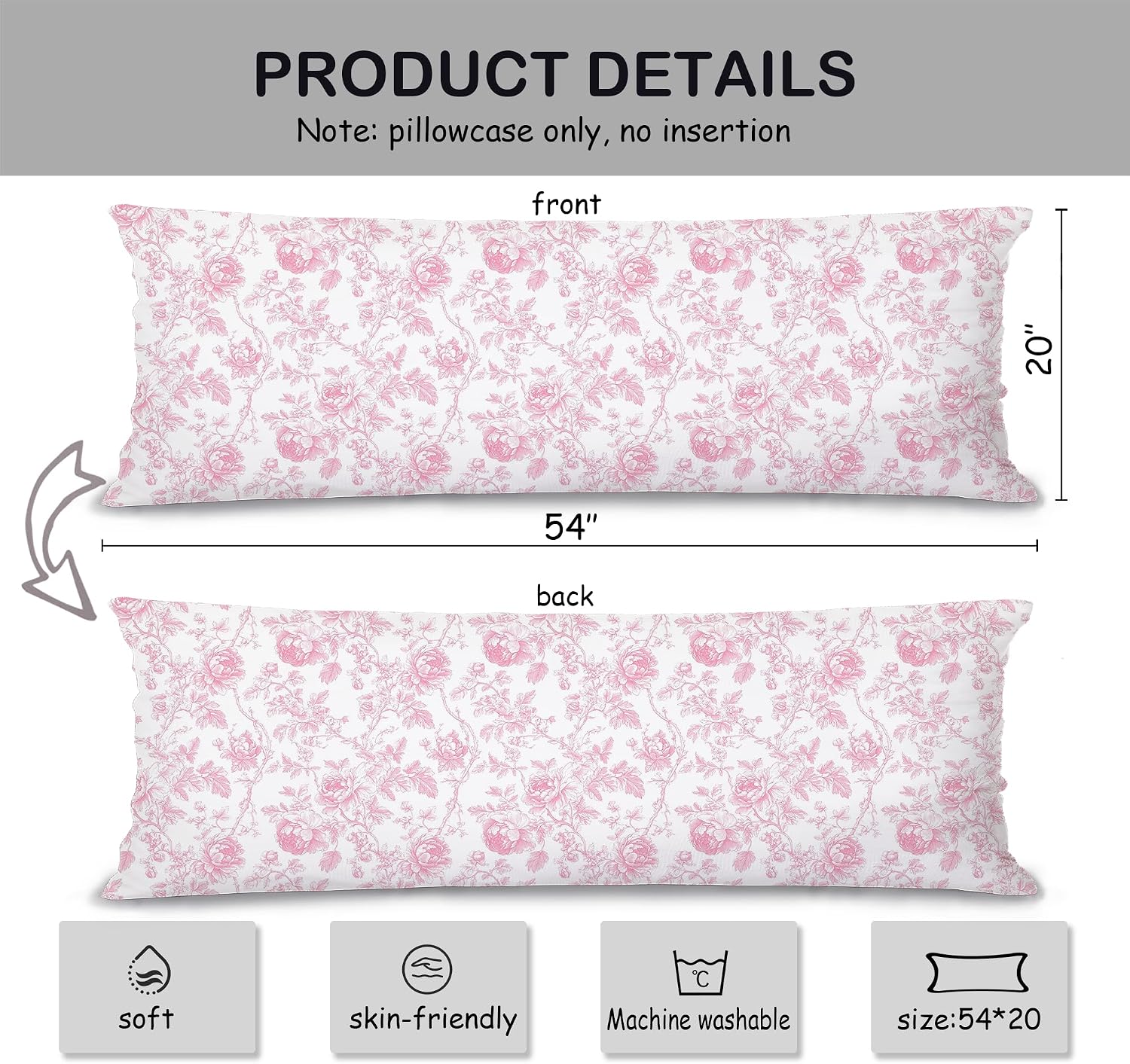 Chinoiserie Pink Floral 21x54 Body Pillow Cover Case, Chinoiserie Decor, Grand Millenial Decor, Vintage Pink Floral Decorative Long Hug Pillow Cases for Bed Couch