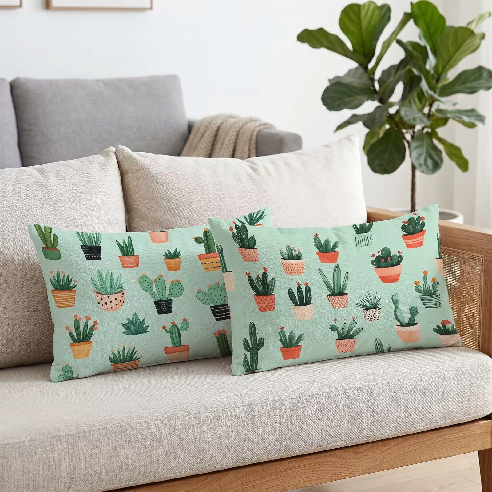 Cactus Taies d'oreiller 70 x 90 Housse Coussin Lin Lot de 2, Taie Oreiller Vert Sauge Housse de Coussin Impermeable pour Salon Lit Jardin, Douce Respirante avec Fermeture Éclair Invisible S6-693
