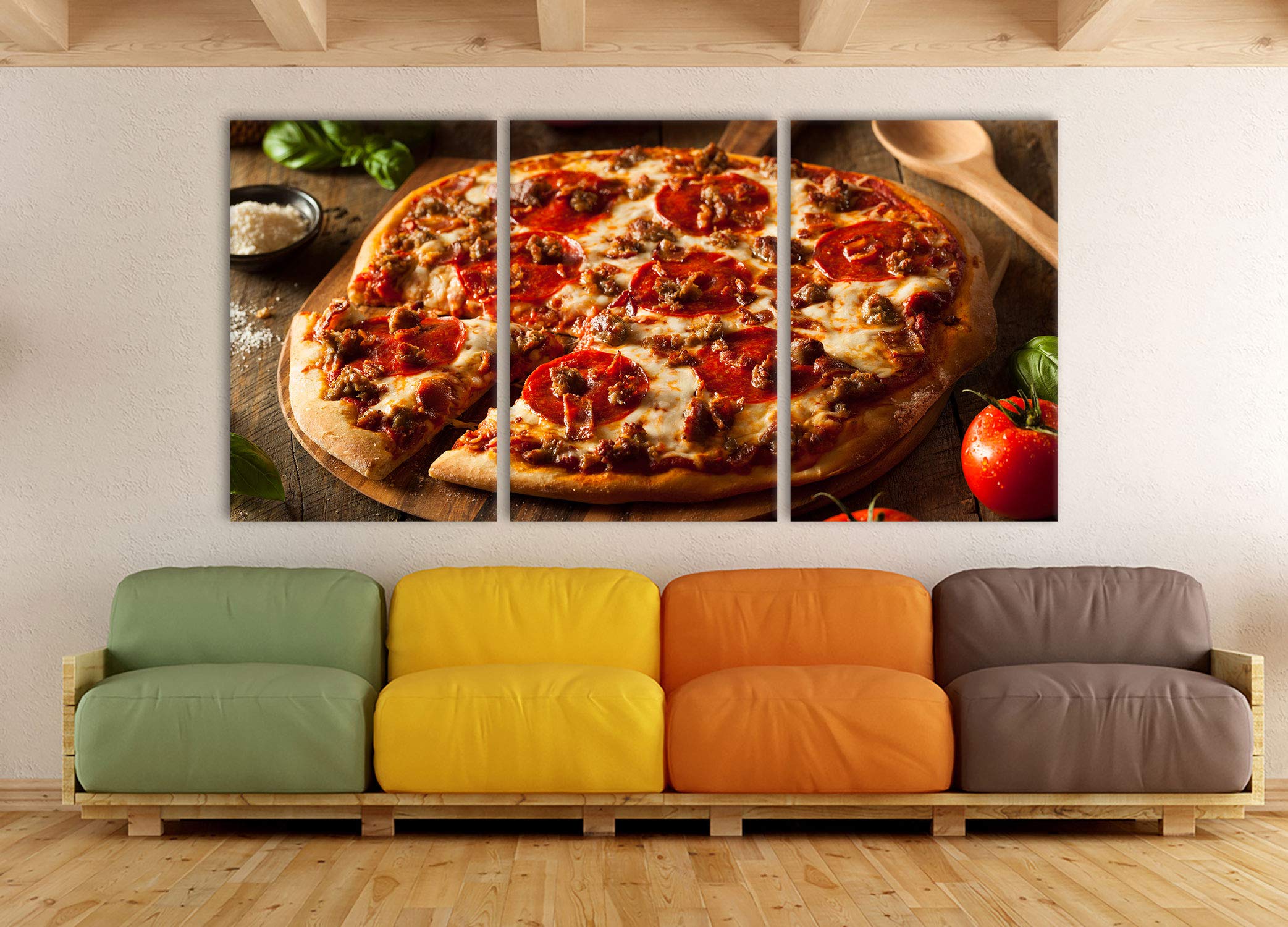 Pixxprint Pizza mit Salami und Tomaten als XXL Leinwandbild in Übergröße 240x120cm Gesamtmaß 3 teilig, Wandbild, Kunstdruck