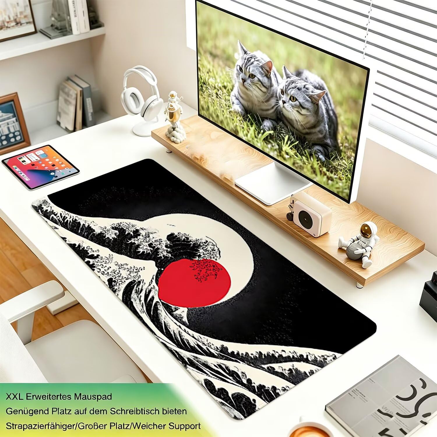 Tappetino Mouse Gaming XXL, Mousepad 1200x600x4mm onde Giappone 0x0-193 | Tappetino Scrivania con Base in Gomma Antiscivolo Bordi Cuciti per Computer, PC, Migliora la Precisione e la Velocità