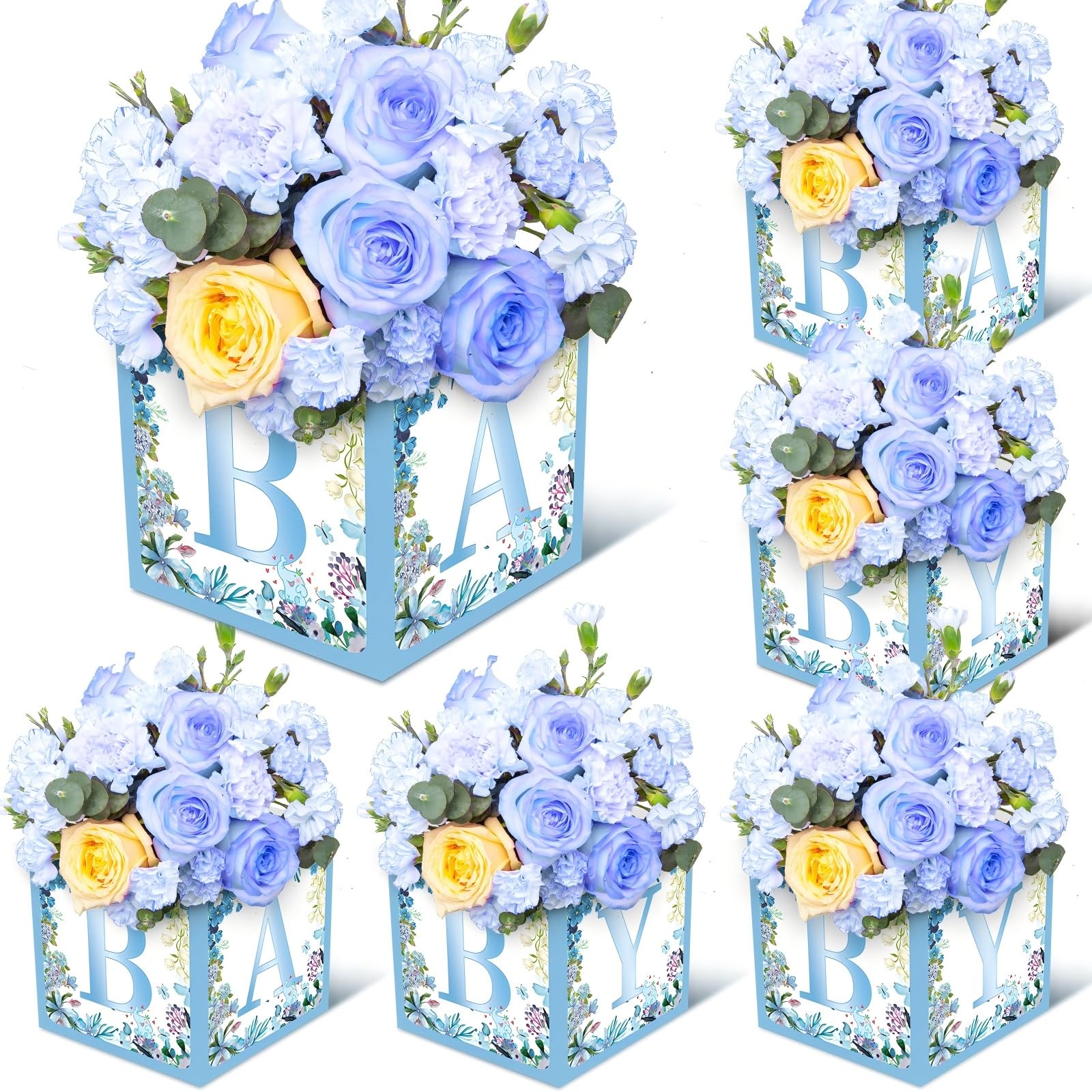 Jremreo 6 Pack 7x7x7 Inches Blue Floral Baby Shower Centerpiece Boxes with 'BABY' Letters, Perfect for Boy Baby Shower, Gender Reveal Party Favors,
