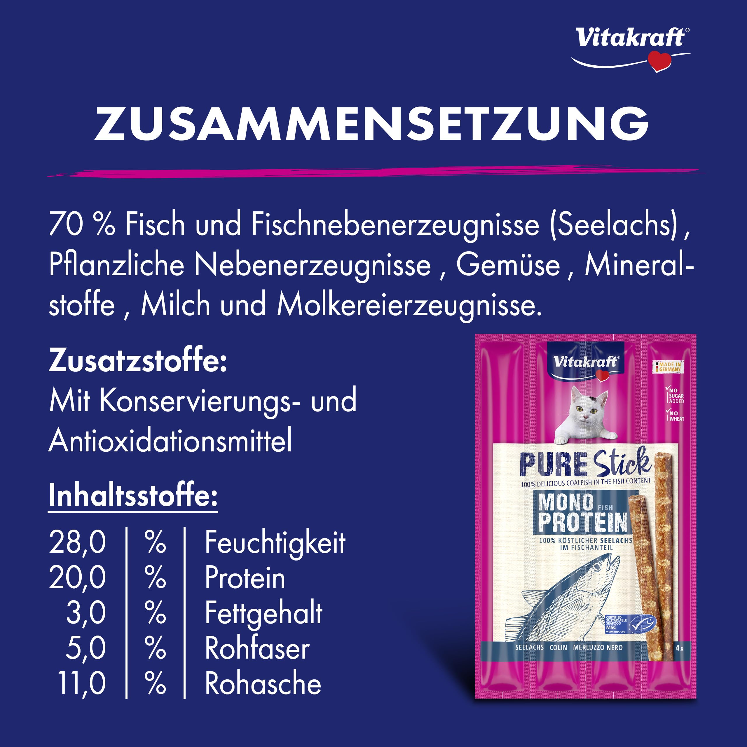 Vitakraft Pure Stick, Katzen Leckerli, fleischiger Stick, mit Seelachs, einzelne Sticks, auch für ernährungssensible Katzen, Vorratsgröße (20x 20g)