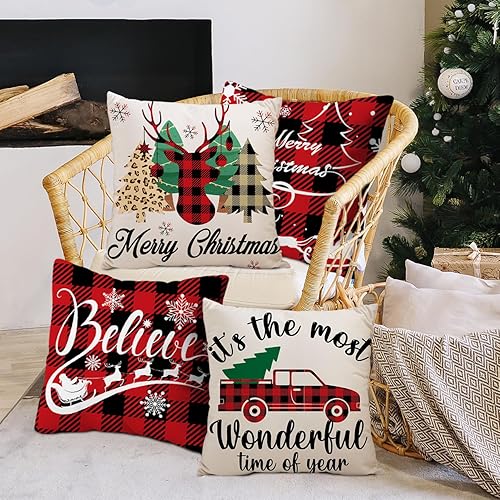 Miniatura 2 de Juego de 4 fundas de almohada de Navidad de 18 x 18 pulgadas, diseño de cuadros escoceses, decoraciones navideñas de granja, color negro y rojo,